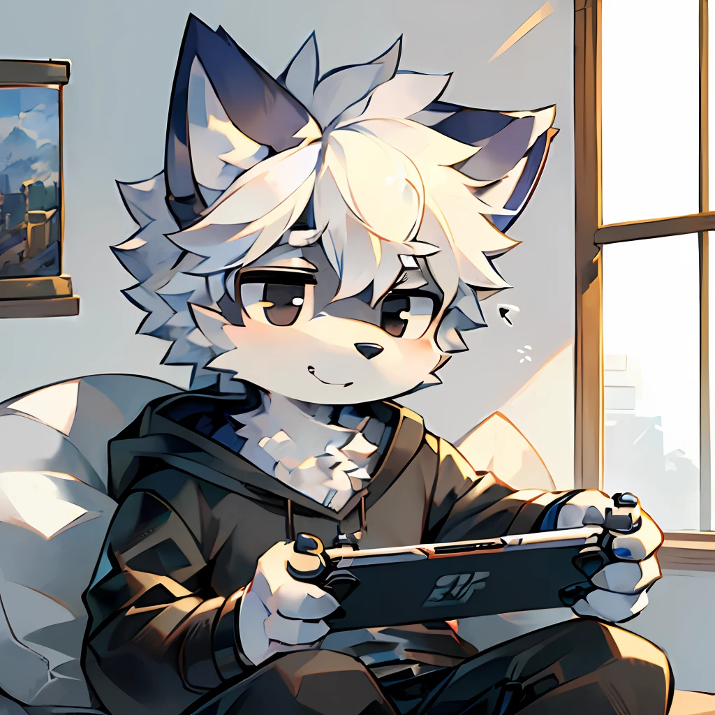 ((Solo)), charming scene of a (Furry furry) (Little Wolf_Boy:1.5),,Playing game consoles!Playing game consoles!Wear casual attire!Wear casual attire!Q version!!Q version characters!!eyes with brightness,White hair,Black eyes,Cute drawing style,high saturated!!Furry male wolf,grey fur!! grey fur!! grey fur!!high saturated