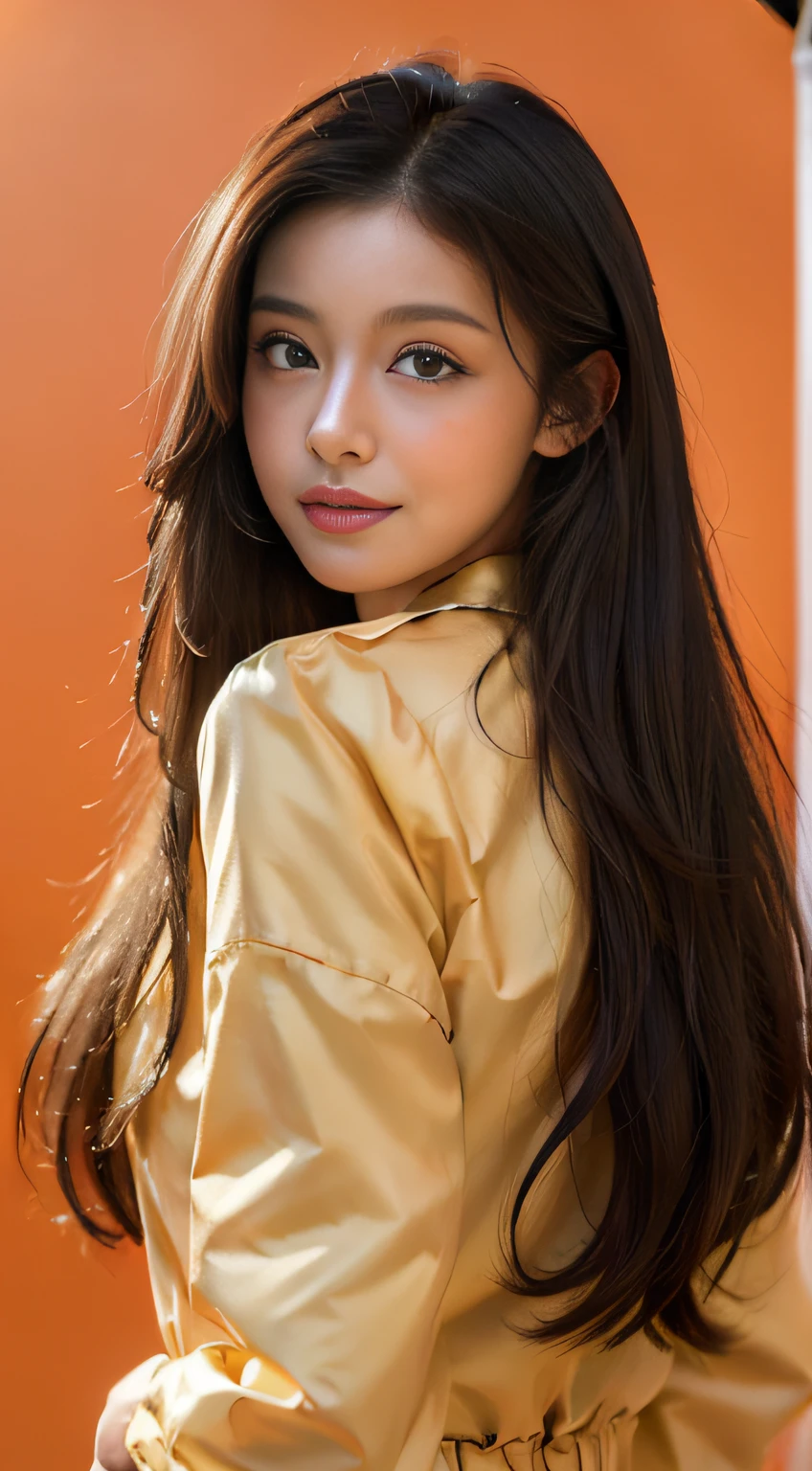 (Masterpiece:1.4),(Best quality:1.4),(Ultra-detailed:1.2),High quality,A high resolution,超A high resolution,(RAW photo:1.2),Extremely detailed,finedetail,,1girll,ssmile,((Long hair)),Beautiful detailed eyes,(((full bodyesbian))),(Dobaka),Hermès orange background,White windbreaker,
