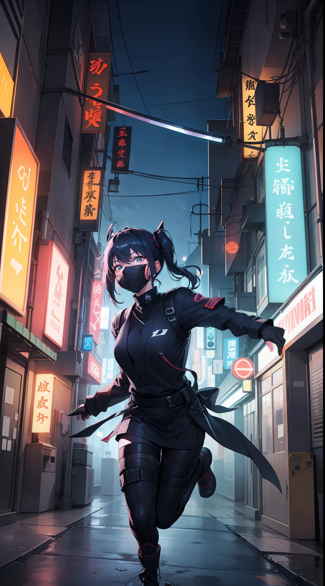 Ninja、Electromechanical、silhuette、cyberpunked、A logo、mechanic、heroic、traffic jam、knifes、Vivid Color、Back alley、Luminous Eyes、Flying shurikens、Acrobatic poses、One Ninja、Aura of green flame、A Japanese style、TOKYOcty、Neon Street、masks、Luminous Eyes、Activate the jutsu、The afterimage of movement is expressed in neon colors.、Crazy smiling ninja、