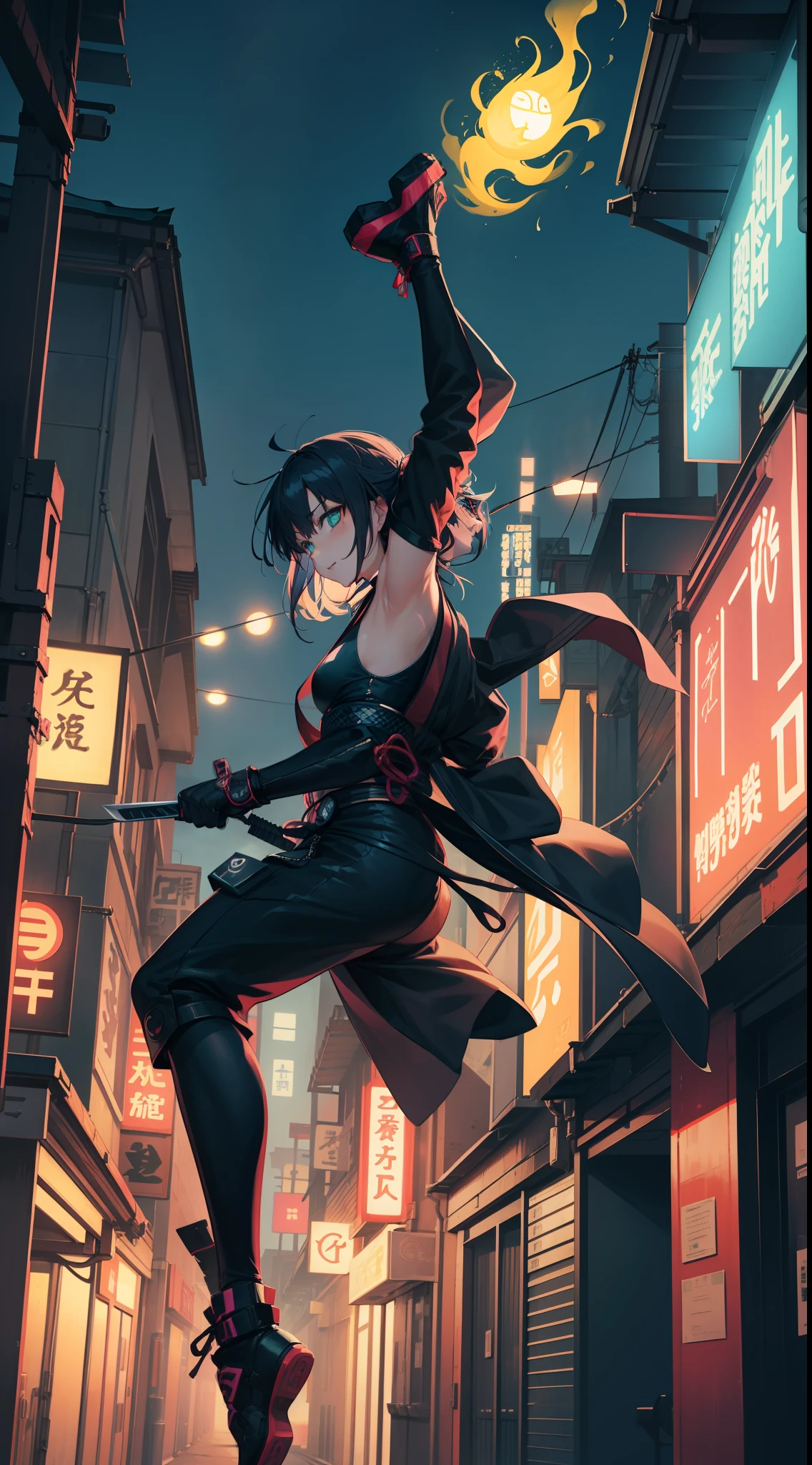 Ninja、Electromechanical、silhuette、cyberpunked、A logo、mechanic、heroic、traffic jam、knifes、Vivid Color、Back alley、Luminous Eyes、Flying shurikens、Acrobatic poses、One Ninja、Aura of green flame、A Japanese style、TOKYOcty、Neon Street、masks、Luminous Eyes、Activate the jutsu、The afterimage of movement is expressed in neon colors.、Crazy smiling ninja、