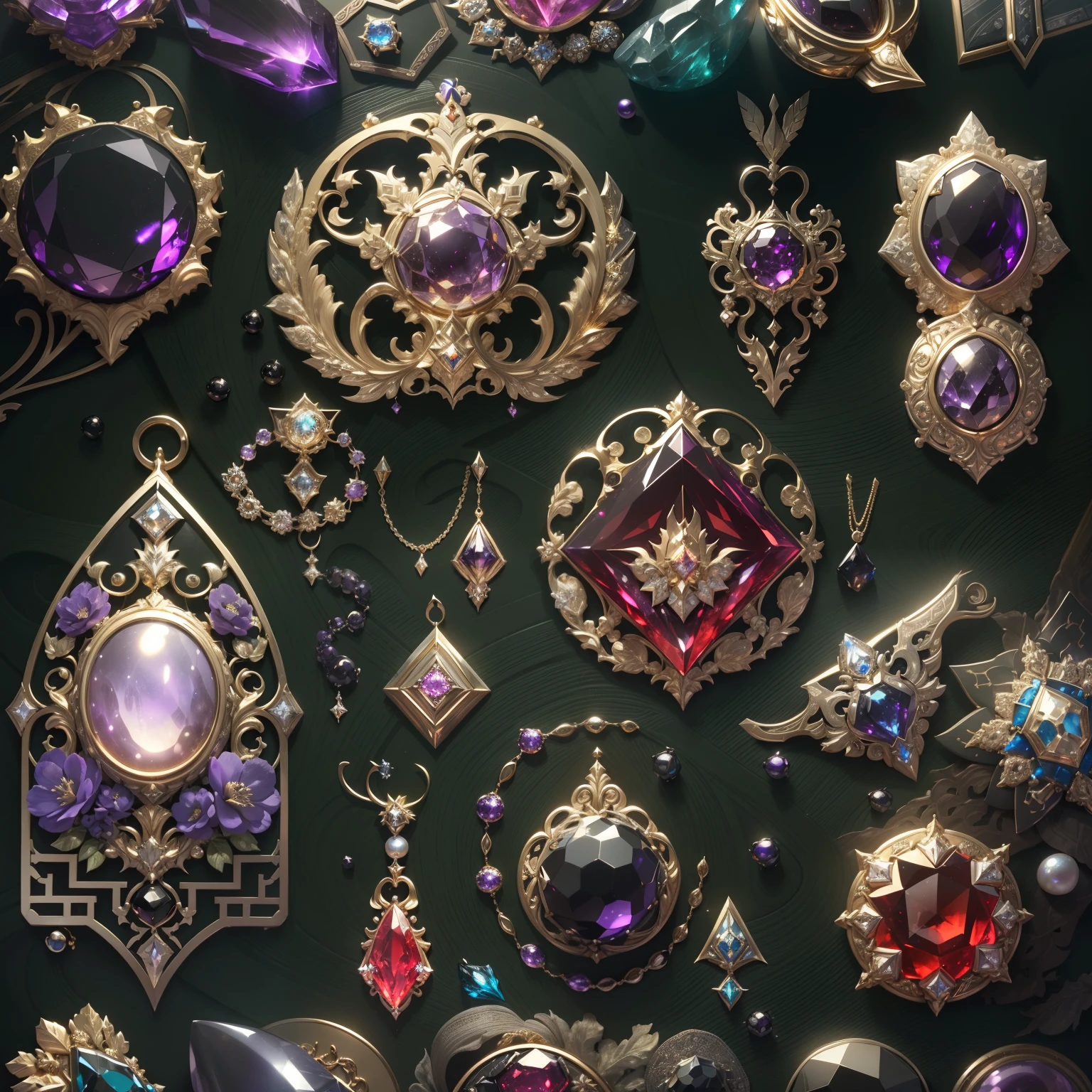 in the style of futuristic，(Full Focus:2),(Everything is laid out in a display case:1.3)，(Luxurious silk|medal|ore|Luxury weapons|obsidian|pearls|hisui|white jade|amethyst|sapphires|Gold products|Silver products|Purple gold|Magical jewelry|antiquarian|Red Jewel|Diamond|topaz|:2)，Magic symbols，Magic light particle effect，High-tech luxury， High-value jewelry,，High-value metals，luxury goods，Puzzles are prohibited, Detailed and complex background, glittery, reflective light, hyper HD, Award-Awarded, A high resolution, High detail, Chiaroscuro, Cinematic lighting, Masterpiece, Ray traching，structurally correct, Super detail, High quality, High details, Best quality, 16k