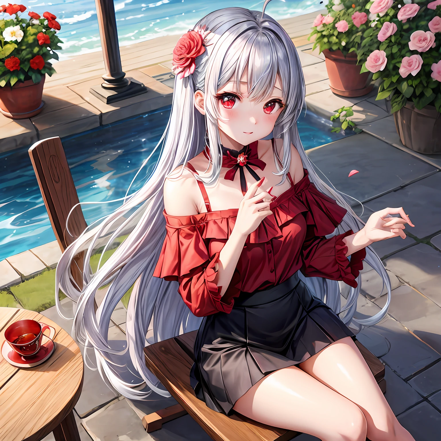 silber hair、red eyes、One pretty girl、独奏、animesque、flower field、red blush、Blue off-the-shoulder clothing、a miniskirt、Sitting on a chair、Underwear is slightly visible