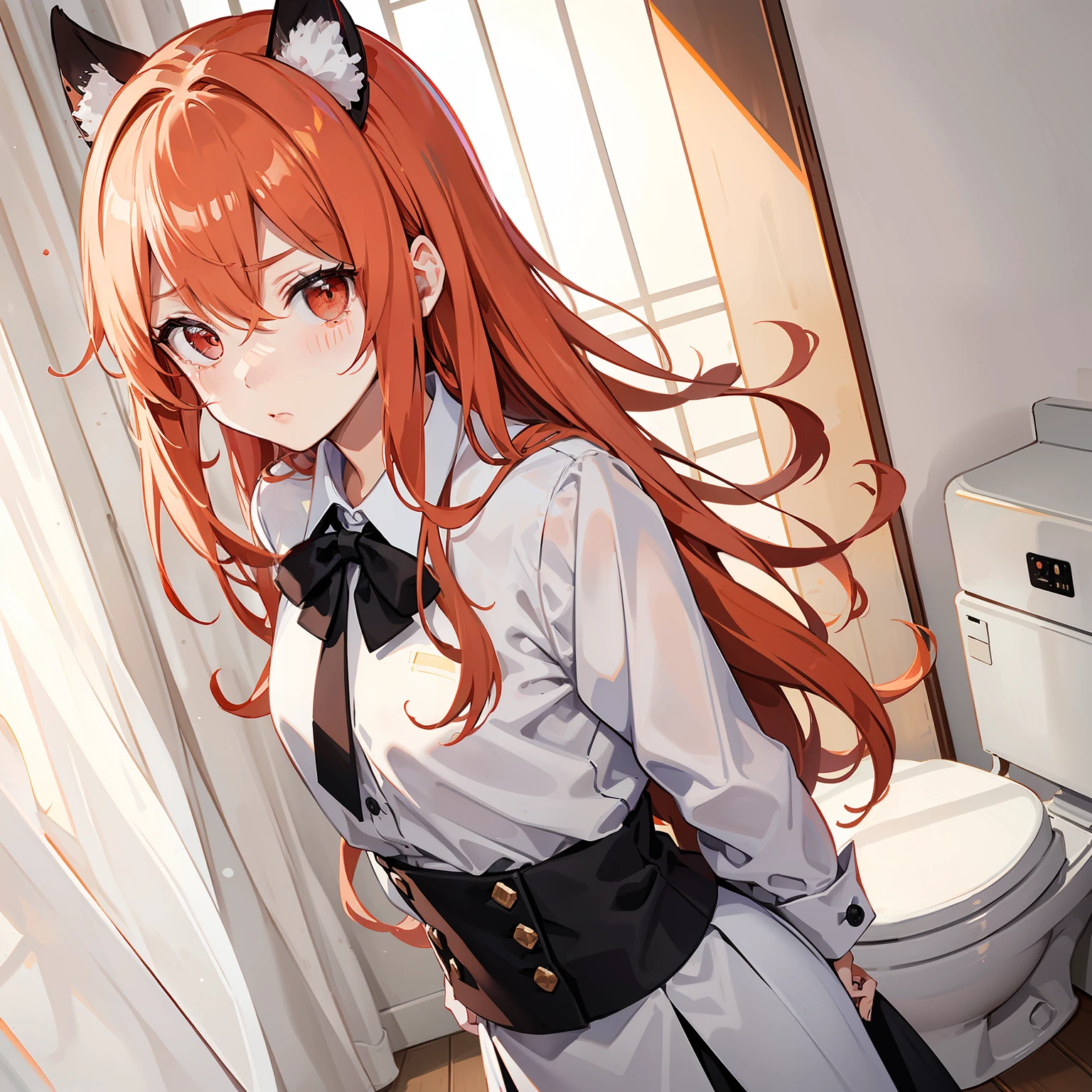 Toilet single room，orange long hair，Pale pink eyes，With a small white triangle decoration on the head，Always wears a black and white school uniform，chiquita，Miss Ghost，She seemed very aggrieved，There were a few tears in the corners of his eyes，As if a little more touch，It's about to fall，The cheeks are a little rosy，But more often than that, there was a faint expression of fear on his face。