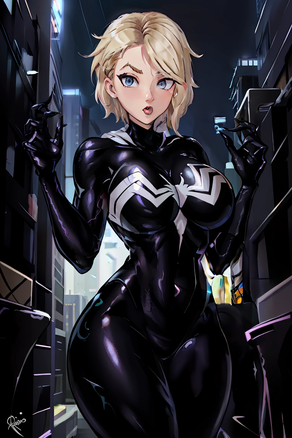（tmasterpiece，best qualityer），intricately details，
1girll，Gwen Stacy，symbiote，venomize，Black Venom suit， Tongue stock， White spider symbol on chest ， cinmatic lighting， 城市， NewYork， during night， Sateen， dampness， Slimy， Black slime， full bodyesbian，Flushed complexion，Loving pupils，Big breasts
Blonde hair，tightsuit，super heroes，blond hairbl，blue  hair，short detailed hair，Animate，Eyebrow Piercings, cinmatic lighting， 城市， NewYork， during night， Sateen， dampness， Slimy， Black slime， full bodyesbian，Flushed complexion，Loving pupils，huge tit