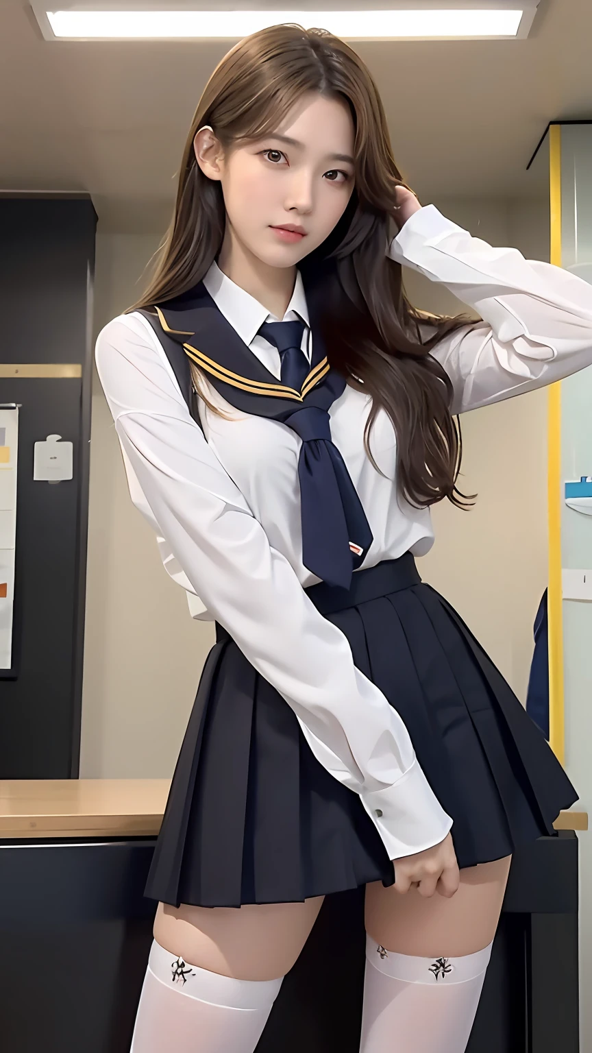 (best qualtiy,4K,tmasterpiece:1.2),Pretty women,1girll,Raised sexy:1.1,Dark yellow hair:1.1,Woman in school uniform,Soaked school clothes,Super detailed face,Detailed lips,A detailed eye,二重まぶた,Miniskirt white stockings,Station capital