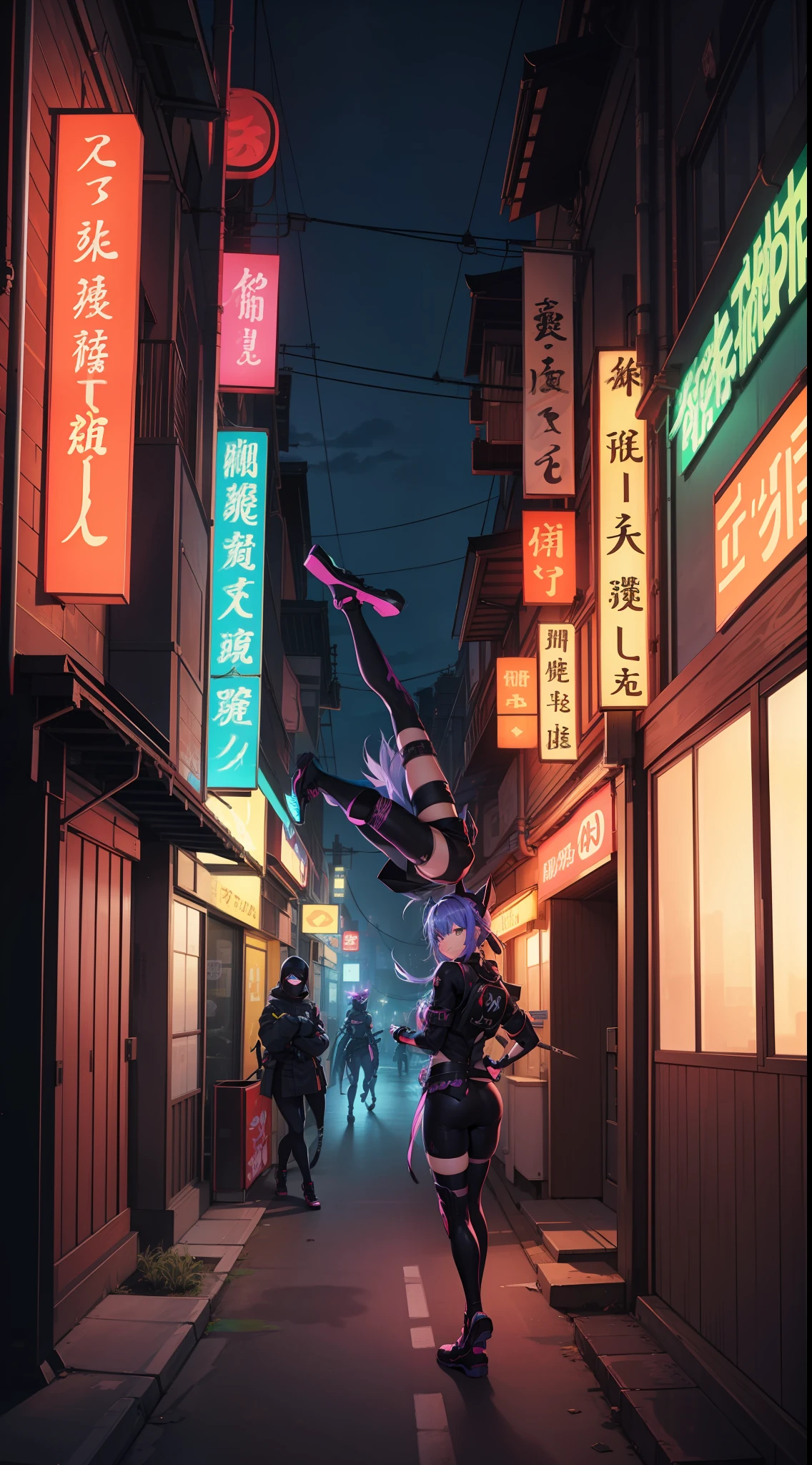 Ninja、Electromechanical、silhuette、cyberpunked、A logo、mechanic、heroic、traffic jam、knifes、Vivid Color、Back alley、Luminous Eyes、Flying shurikens、Acrobatic poses、One Ninja、Aura of green flame、A Japanese style、TOKYOcty、Neon Street、masks、Luminous Eyes、Activate the jutsu、The afterimage of movement is expressed in neon colors.、Crazy smiling ninja、
