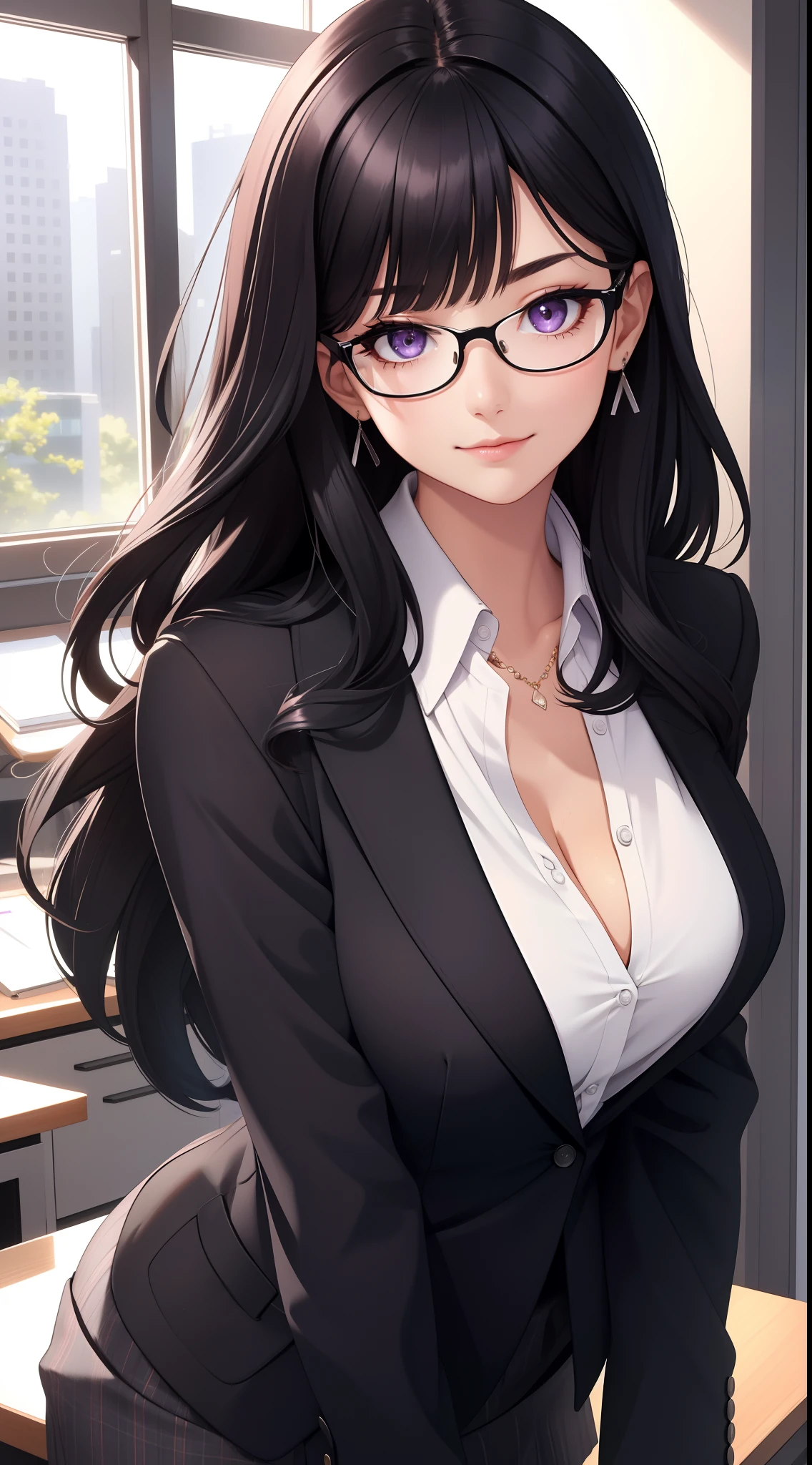 (Best quality:1.1), (Masterpiece:1.2), Highqualityshadow, Beautiful detailed, Beautiful face, Detailed eyes, Depth of field, A high resolution, Best shadow, Best illumination, 1girll, view the viewer, Black hair, Blunt bangs, Long hair, Purple eyes, Shy, Large breasts, Miniskirt, blouse, Blazer, Pump, Office Lady, Glasses,cleavage，looks into camera，ssmile，closeup cleavage