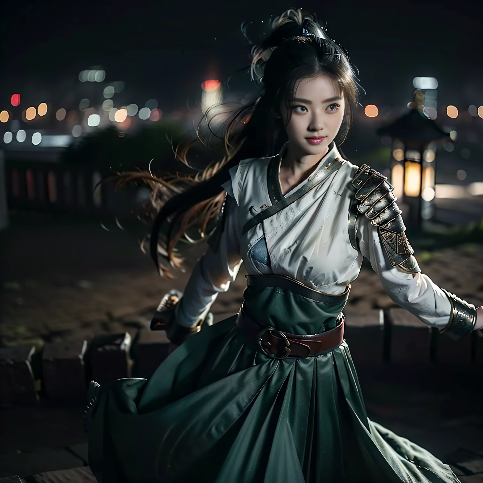 1 girl, (mature girl), slightly fat, female warrior, goddess Athena, anime girl, anime role play, realistic role play, willow eyebrows, handsome, yellow eyes, smile, black hair, yellow eyes, raised eyebrows, short ponytail, translucent skirt, long skirt, (dark green skirt), belt, shoulder armor, white cape, standing, black hair, long eyelashes, solid round eyes, red ears, fragrant, background blurred, starry sky background, standing on city wall, Chinese city wall, mountains, epic, surrealism, falling shadow, super detail, Accurate, Stereogram, Atmospheric Perspective, 8K, Best Quality