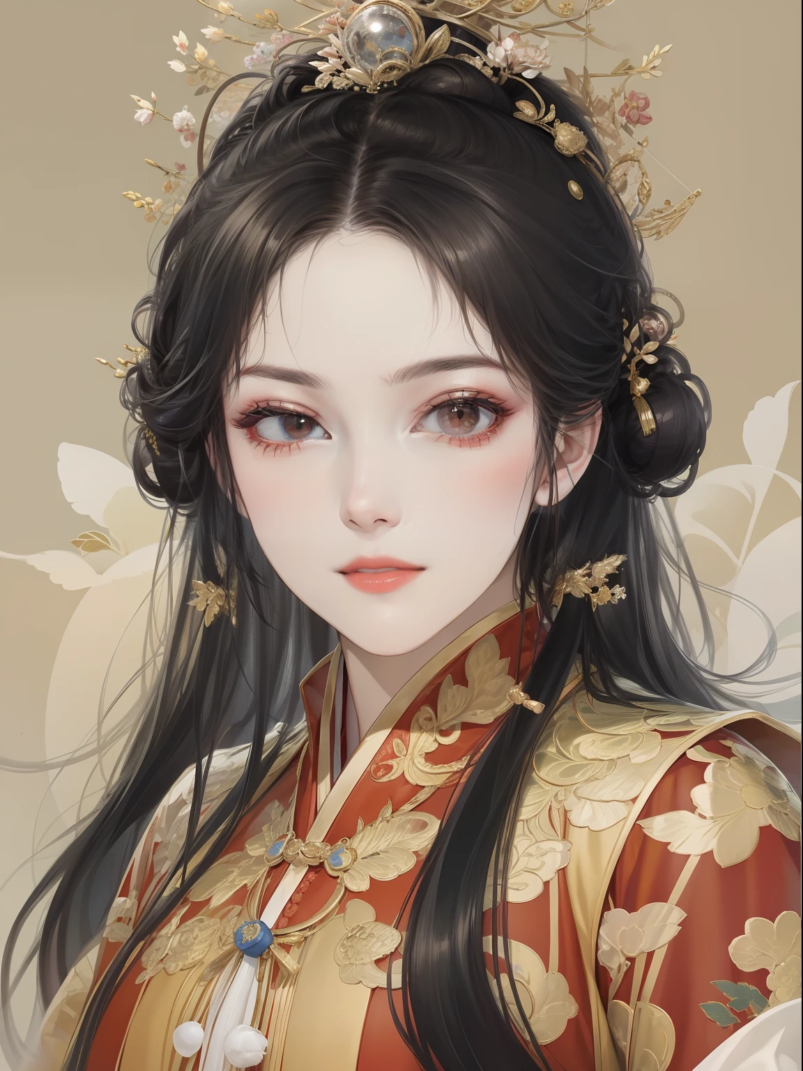 A beautiful girl in ancient China，The facial features are delicate and fair，Cool temperament，Red clothes，Black hair coiled into a bun，Wears a gold coat on his head，Chinese Song Dynasty clothing，Red gold maxi dress，Long black hair, rays of sunshine，Clear face，ultraclear，tmasterpiece，ultra - detailed，high qulity，HighestQuali，The main color is red，Background simple elements。Invisible hands，No hands。