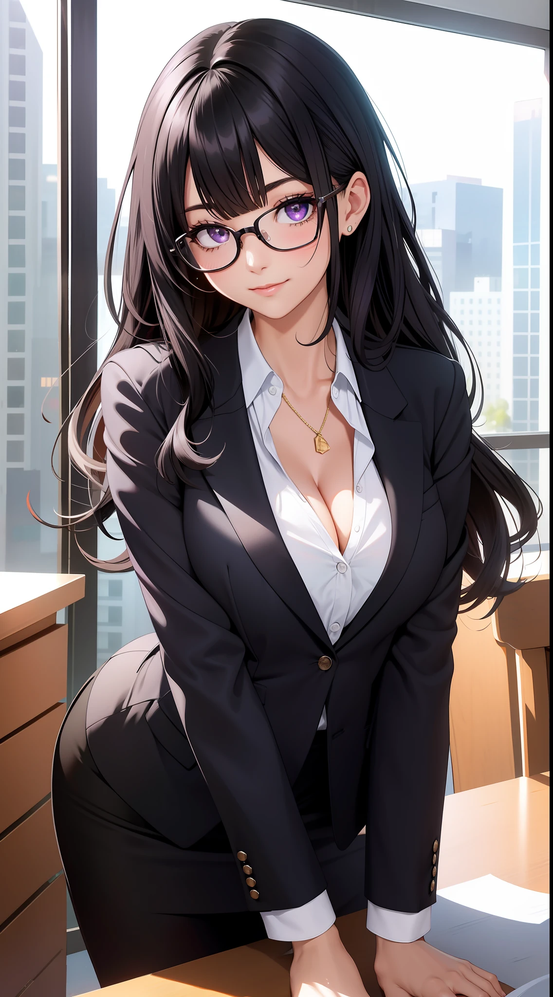 (Best quality:1.1), (Masterpiece:1.2), Highqualityshadow, Beautiful detailed, Beautiful face, Detailed eyes, Depth of field, A high resolution, Best shadow, Best illumination, 1girll, view the viewer, Black hair, Blunt bangs, Long hair, Purple eyes, Shy, Large breasts, Miniskirt, blouse, Blazer, Pump, Office Lady, Glasses,cleavage,looks into camera,ssmile,closeup cleavage