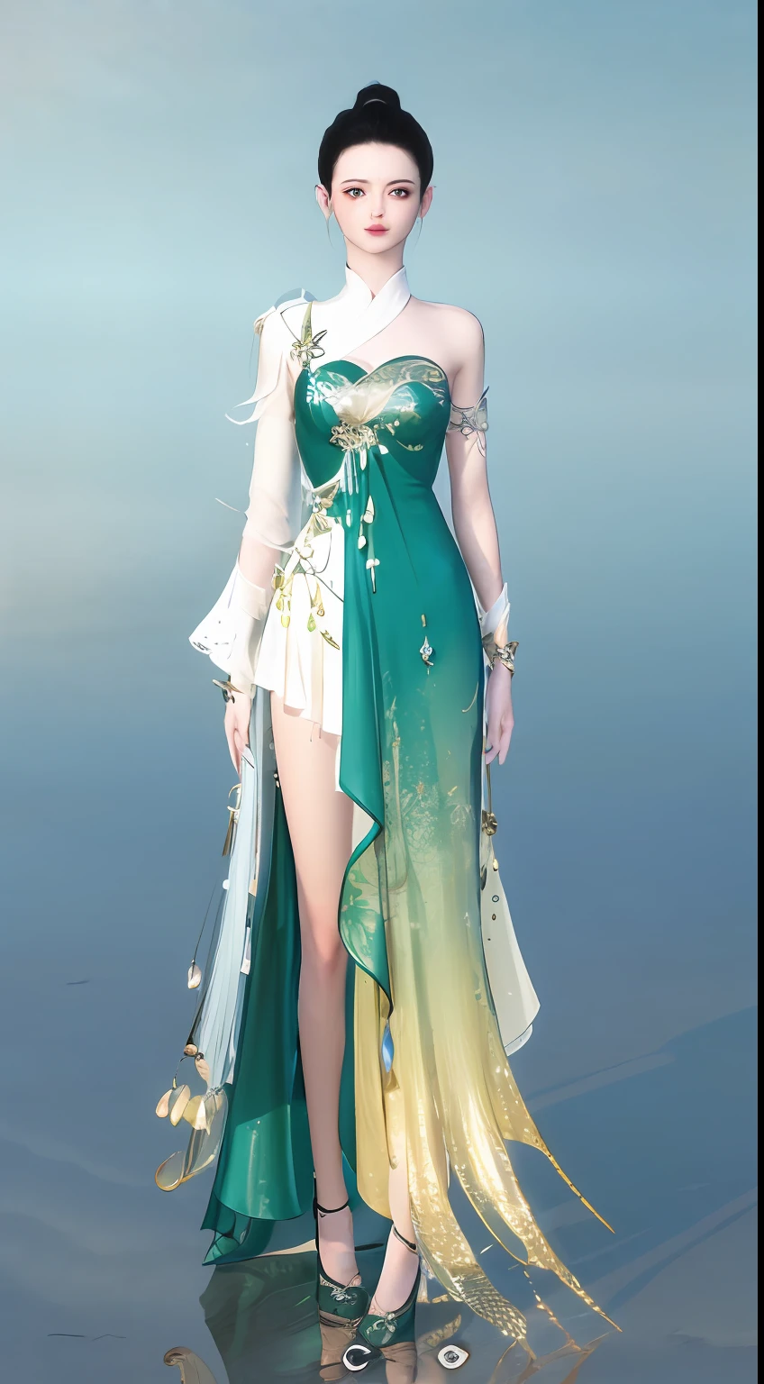 1 woman(beauitful face)、Full body standing painting,独奏,Transparent background,Game character costume design,Gorgeous dress、Multi-layered fish scale sequins,high detal,cinematic colorgrade,Ultra photo realsisim,Digital SLR,white backgrounid,Ultra-high resolution,Sharp focus,tmasterpiece,hdr,8K,(The is very detailed的 CG unified 8k 壁纸)