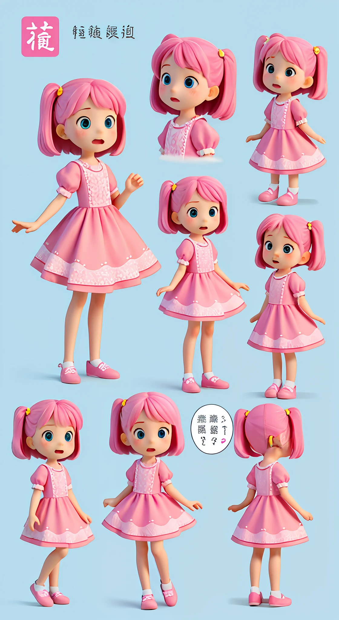 Little girl character, multiple postures and expressions, 6year old girl, A pink-haired，Pink dress, Pink clothes, 児童書, Illustration style，full bodyesbian