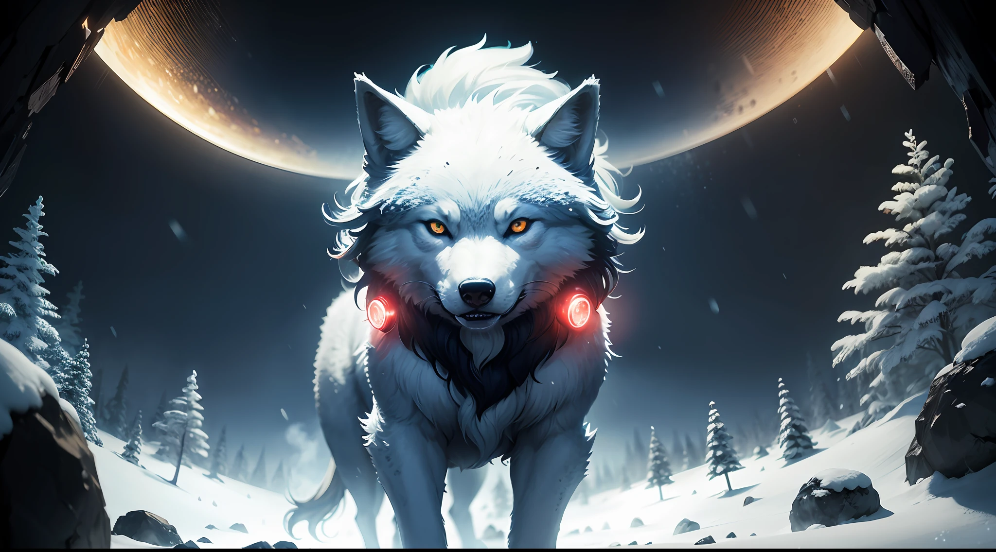 snow wolf, sense of speed snowstorm, red_crystal_ball effect, 2.5d anime illustration, dark palette and rich with brightly colored, bioluminescence, infographic drawing landscape background, intricate surface detail texture and skin, detailed painting, extremely fine detail fur, 16k, epic high quality, insanely beautiful eyes,