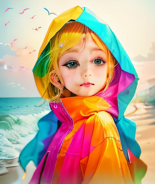 Pretty girl in yellow raincoat, orange, pink, An enchanting sunset on the beach that fills the sky with a combination of yellow.Crystal clear waters gently envelop the coast and there is a wide expanse of sandy beach.Seagulls soaring high into the sky and gently swaying palm trees combine to create a dynamic and breathtaking sight.Soak in the calm atmosphere and feel the peace.