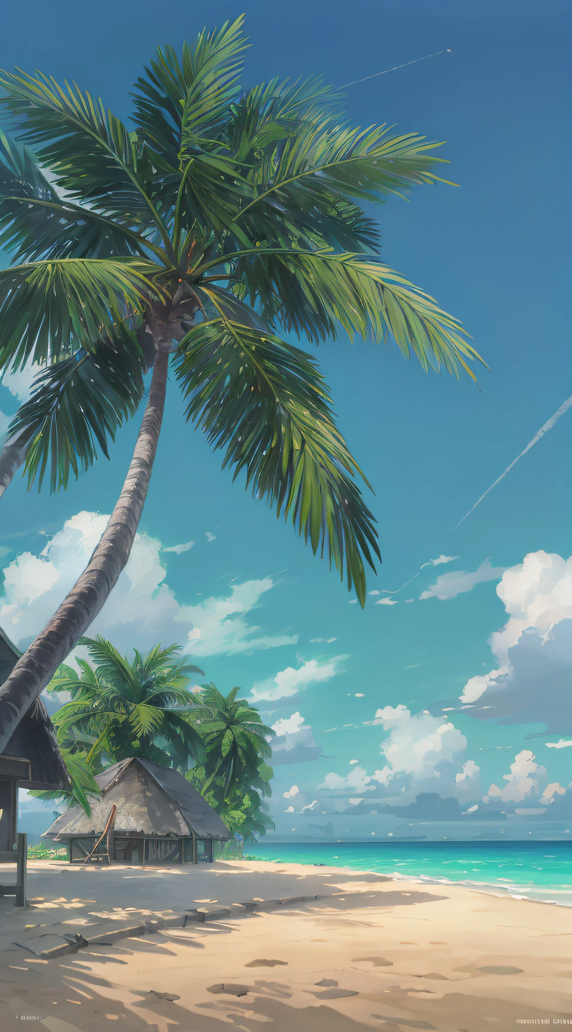 beachside,coconut palms,rays of sunshine,suns,sandbeach,a plant,Sunnyday,There are no clouds,Blue sky