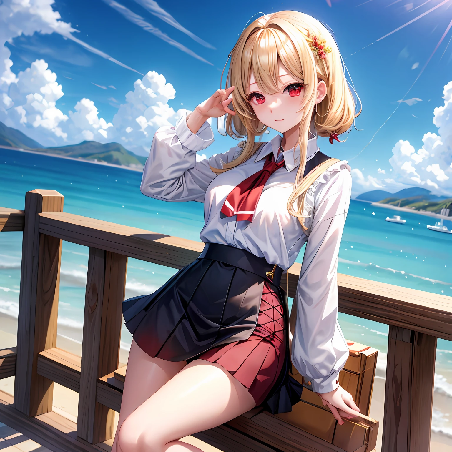 a blond、red eyes、One pretty girl、独奏、animesque、doress、a miniskirt、sea side