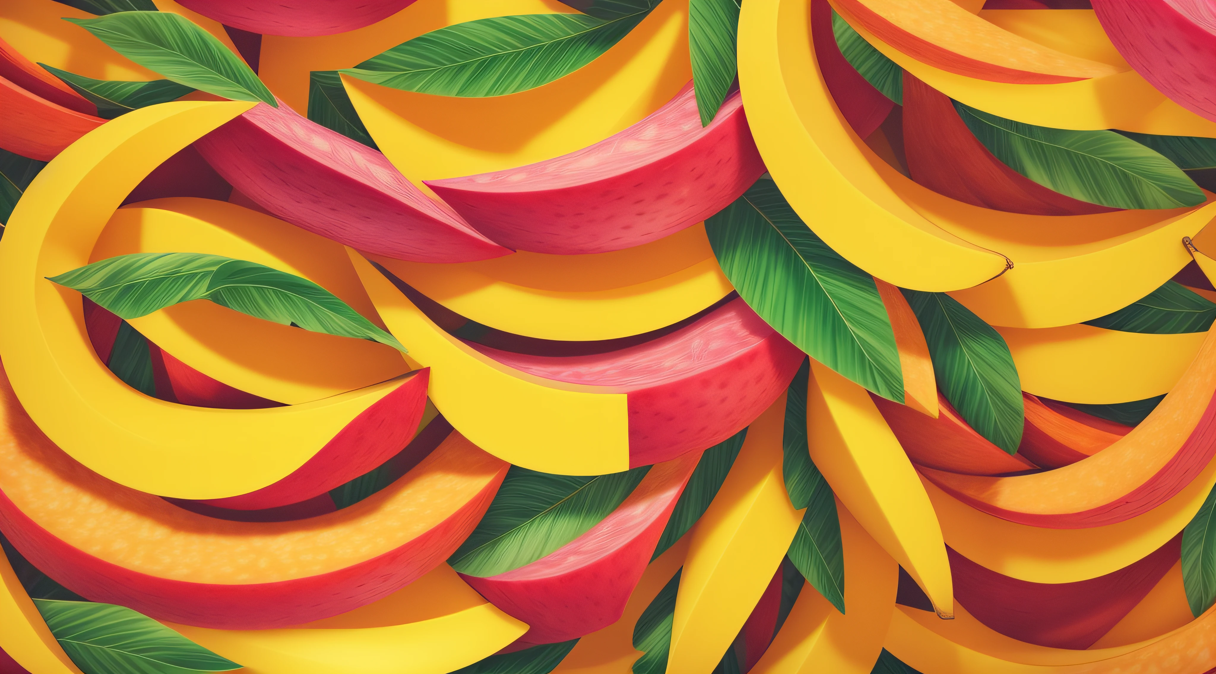 Craft an alluring and vibrant abstract background that exclusively highlights the captivating fruits provided - banana, melon, cashew, mango, pineapple, coconut, and papaya. Design an abstract scene that showcases the essence of these fruits through dynamic shapes, patterns, and colors. Each fruit should be represented using abstract elements that symbolize its unique characteristics. Consider using flowing lines, bold shapes, and intricate patterns to suggest the presence of the banana, melon, cashew, mango, pineapple, coconut, and papaya.
Make sure that the composition remains entirely devoted to these fruits, without any inclusion of explicit imagery, human figures, or suggestive content. Maintain a tasteful and artistic approach, emphasizing the fruits' natural beauty and diversity. The objective is to create a visually engaging abstract artwork that pays homage solely to the specified fruits in an imaginative and non-objectifying manner.