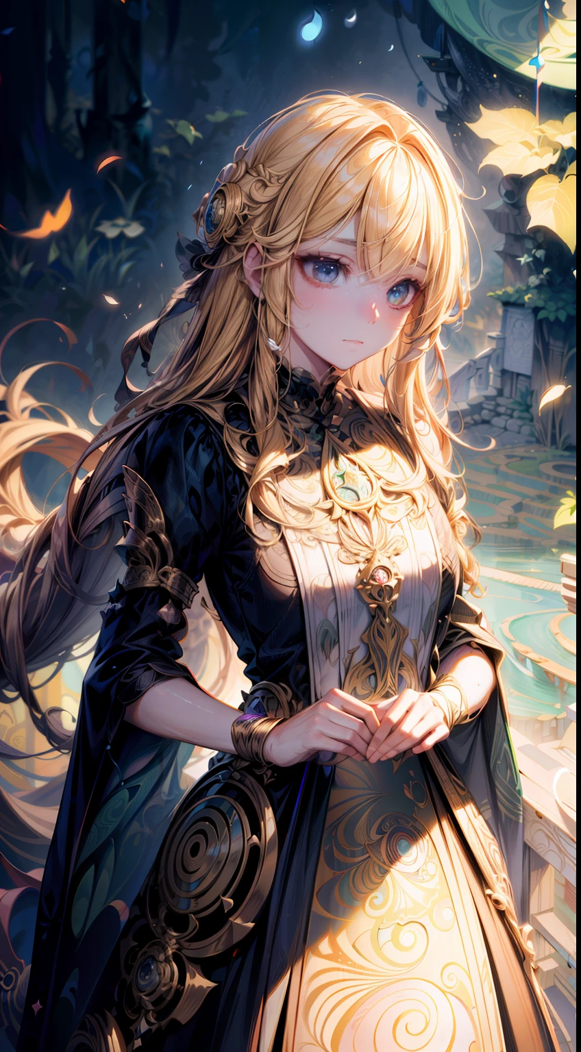 blond hairbl,Royal sister,jofficialart,unity8kwallpaper,ultradetailed,beautifulandaesthetic,masterpiece,bestquality,(zentangle,mandala,tangle,entangle),(fractalart:1.3),(1girl:1.1),extremelydetailed,dynamicangle,cowboyshot,themostbeautifulformofchaos,elegant,abrutalistdesigned,vividcolours,romanticism,byjamesjean,robydwiantono,rosstran,francisbacon,michalmraz,adrianghenie,petracortright,gerhardrichter,takatoyamamoto,ashleywood,atmospheric,ecstasyofmusicalnotes,streamingmusicalnotesvisible