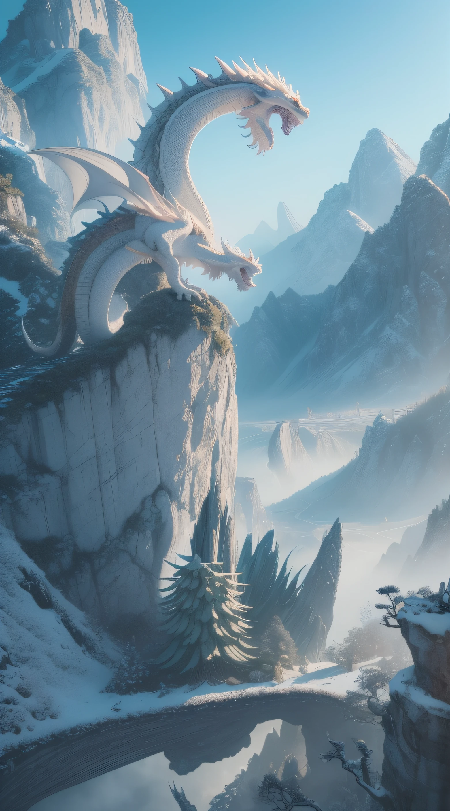 There is a dragon in the mountains,The road is long, White dragon, Chinese fantasy, chinese dragon concept art, smooth chinese dragon, vegetal dragon cyborg, 4k highly detailed digital art, Detailed digital 3D art, majestic japanese dragon, Dragon Art, Chinese Dragon, extremely detailed digital art, highly detailed fantasy art, detailed fantasy digital art, Beautiful digital artwork