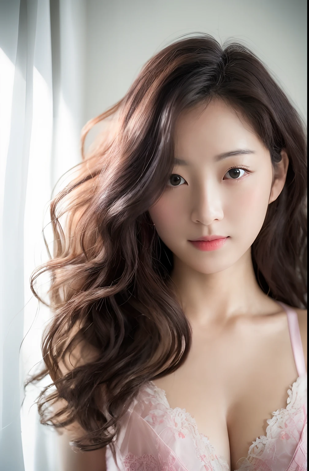 (top-quality、masterpiece)、20 years girl、a close up of a woman laying in bed with a pink bra、Young sensual gravure idol、lifelike face、perfect bodies、Good anatomy、face perfect、curly long hair、A dark-haired、disheveled hair、photorealisim、ultra-detailliert、hightquality、pose for photo、A sexy、water dripping、oppai、lensflare、(8k、RAW、proffesional、top-quality、masterpiece:1.2)、(realisitic、Photorealsitic:1.37)、ultra-detailliert、(25mm portrait front view)、(Highest Details Skins:1.2)、(Supreme Detail Face:1.2)、Cinematographic lighting、