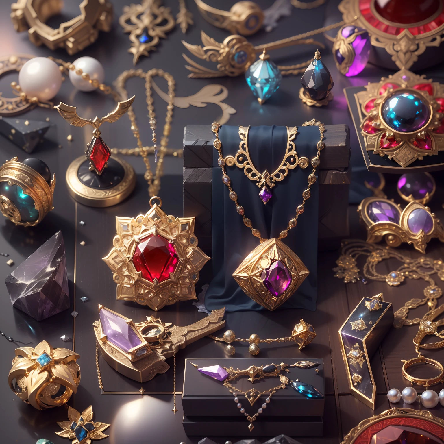(in the style of futuristic:1.2)，(Full Focus:2),(Everything is laid out in a display case:1.3)，(Luxurious silk|medal|ore|Luxury weapons|obsidian|pearls|hisui|white jade|amethyst|sapphires|Gold products|Silver products|Purple gold|Magical jewelry|antiquarian|Red Jewel|Diamond|topaz|:2)，Magic symbols，Magic light particle effect，High-tech luxury， High-value jewelry,，High-value metals，luxury goods，Puzzles are prohibited, Detailed and complex background, glittery, reflective light, hyper HD, Award-Awarded, A high resolution, High detail, Chiaroscuro, Cinematic lighting, Masterpiece, Ray traching，structurally correct, Super detail, High quality, High details, Best quality, 16k