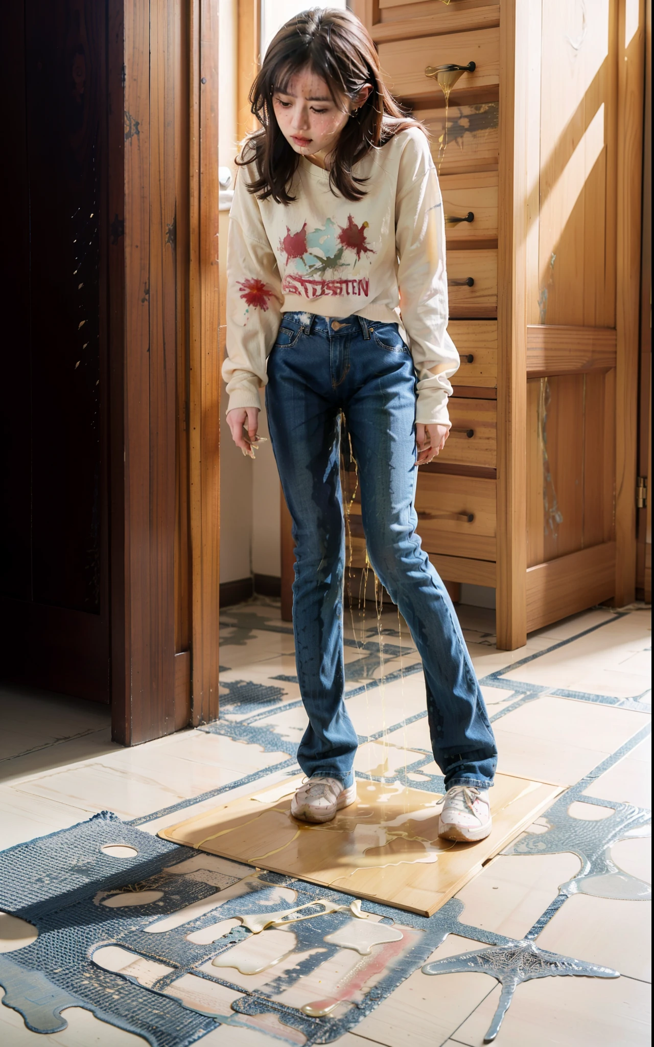 masterpiece, best quality, high resolution, (3girls), 20 years old, (blue jeans pants), full body, blush, worried, park, (((((((pee stain)))))))
