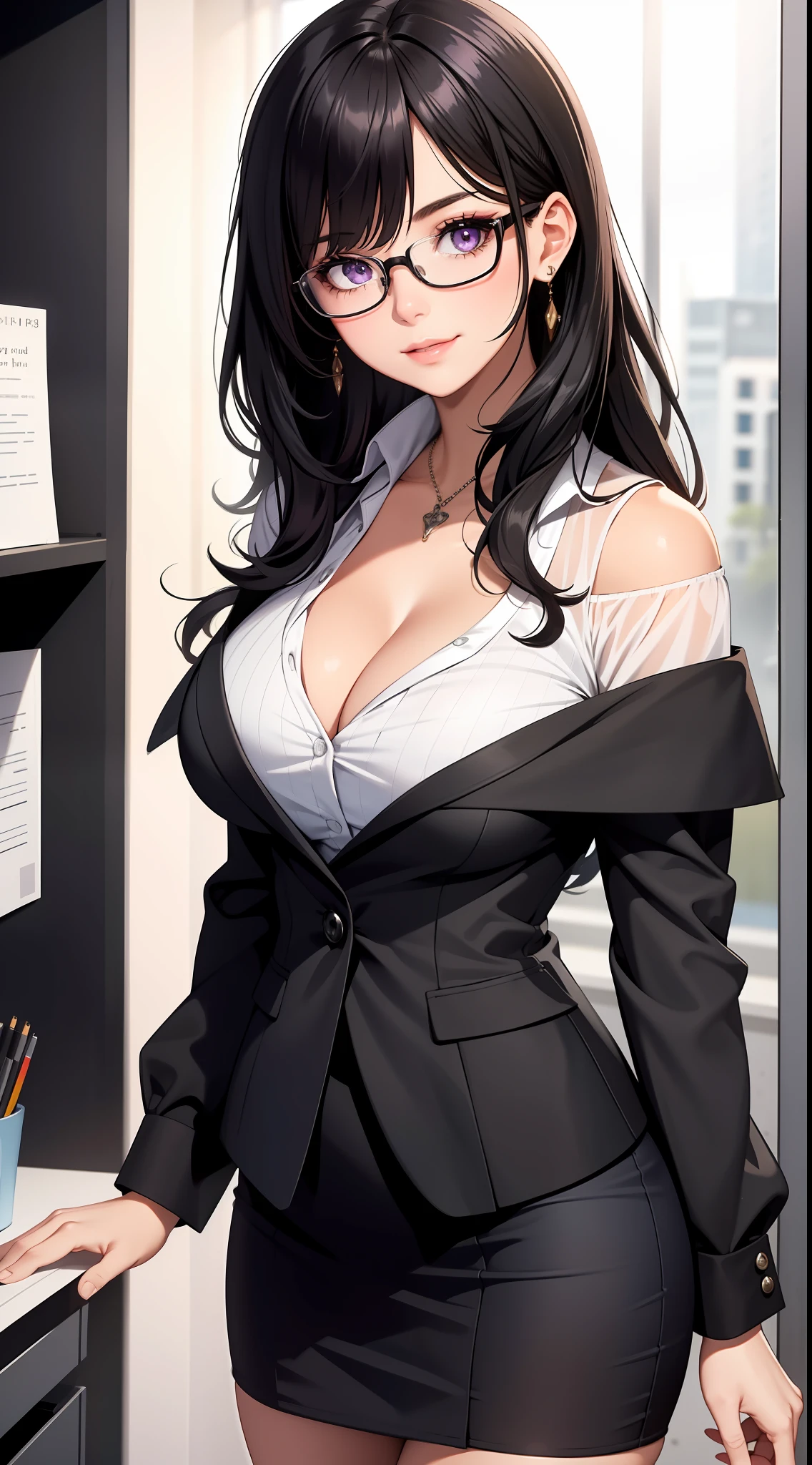 (Best quality:1.1), (Masterpiece:1.2), Highqualityshadow, Beautiful detailed, Beautiful face, Detailed eyes, Off-the-shoulder attire,Depth of field, A high resolution, Best shadow, Best illumination, 1girll, view the viewer, Black hair, Blunt bangs, Long hair, Purple eyes, Shy, Large breasts, Miniskirt, blouse, Blazer, Pump, Office Lady, Glasses,cleavage,looks into camera,ssmile,closeup cleavage