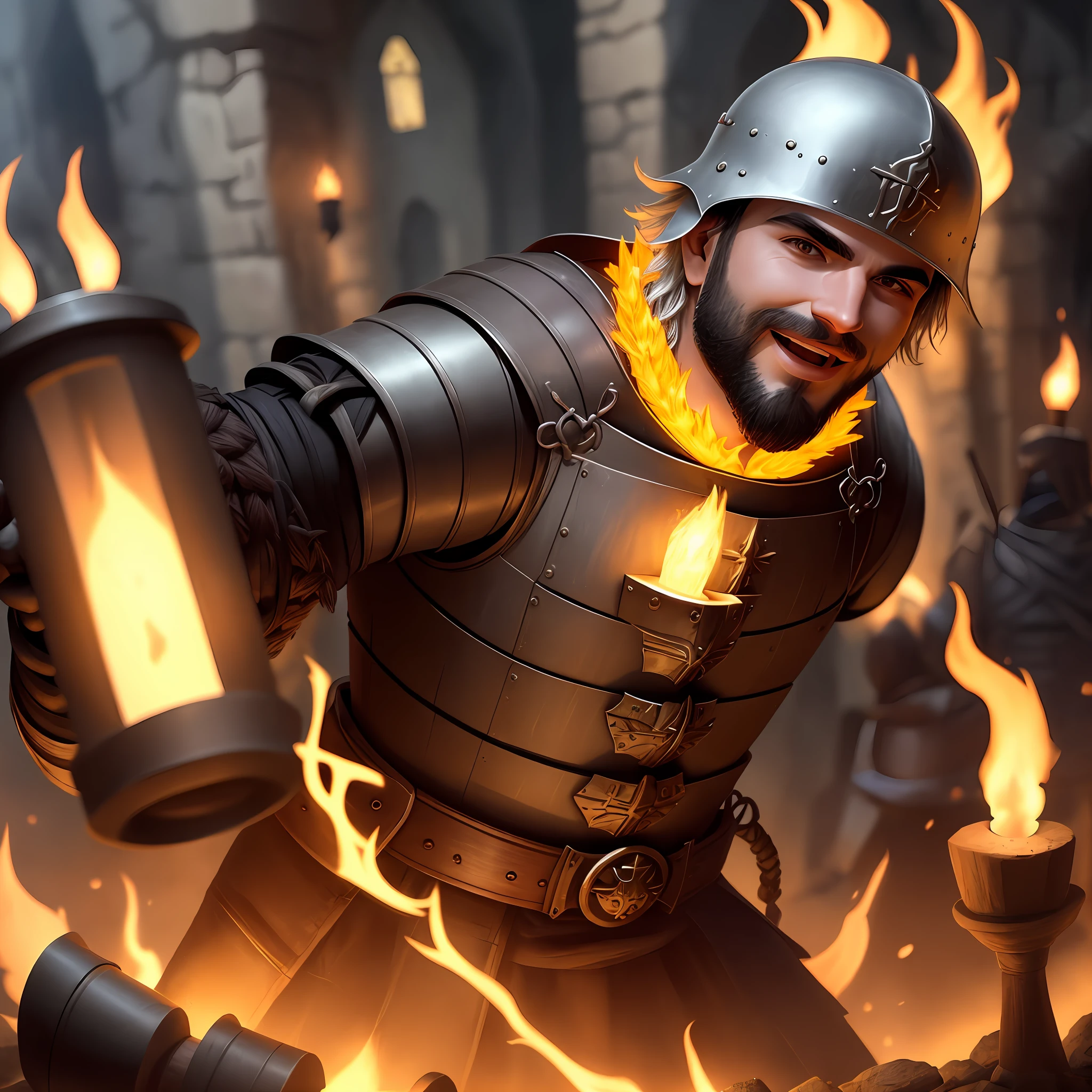 Homem Ferreiro medieval forte batendo ferro incandescente em uma bigorna no seu ambiente de trabalho