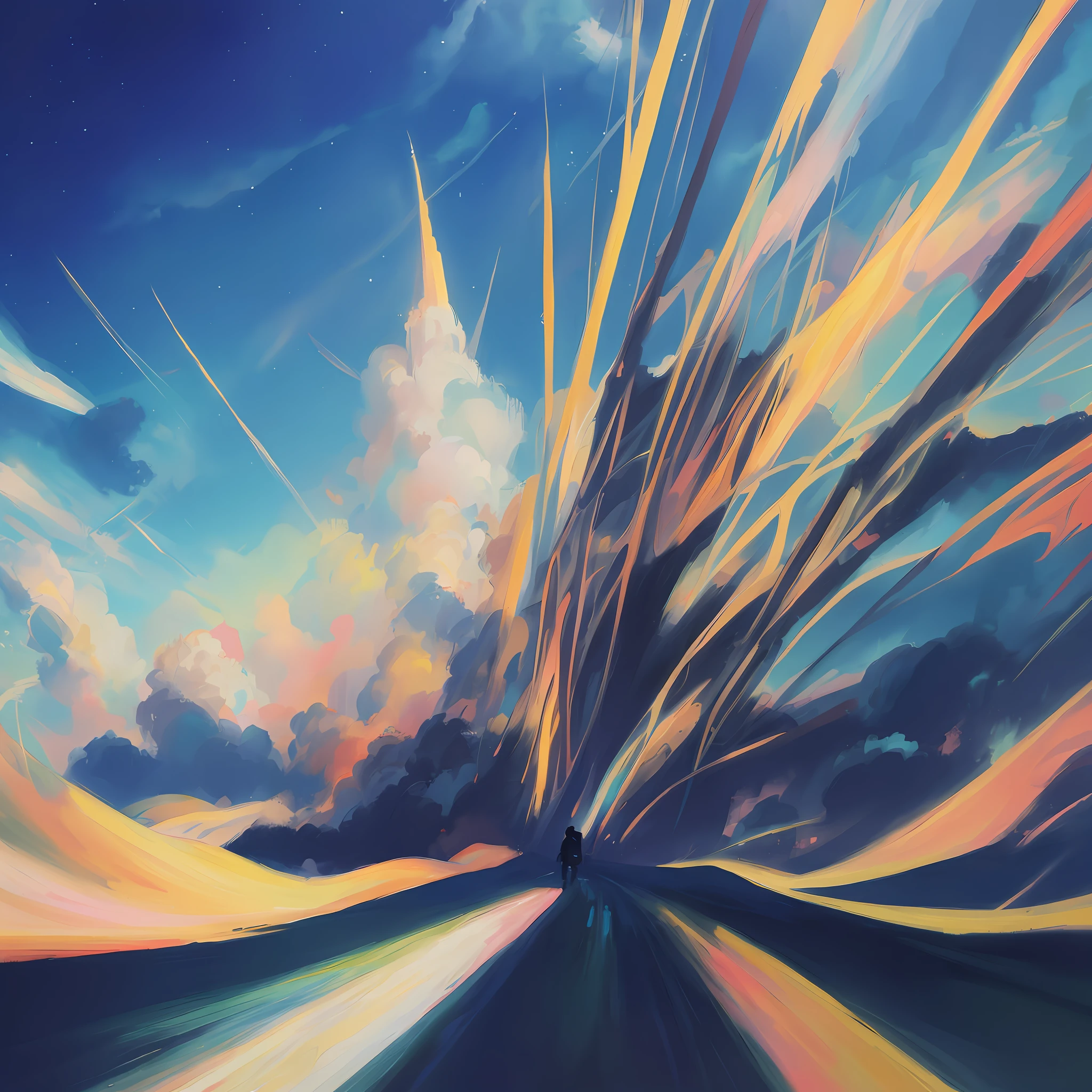 Road painting with sky as background and sunlight, Inspired by RHADS, artwork about a road to freedom, speed painting, RHADS!!!, concept-art | RHADS, Inspired by Cyril Rolando, vibrant digital painting, expressive digital painting, RHADS!, blurry and dreamy illustration, dreamlike digital painting, anime abstract art, futurism painting,A little boy blends into the background!