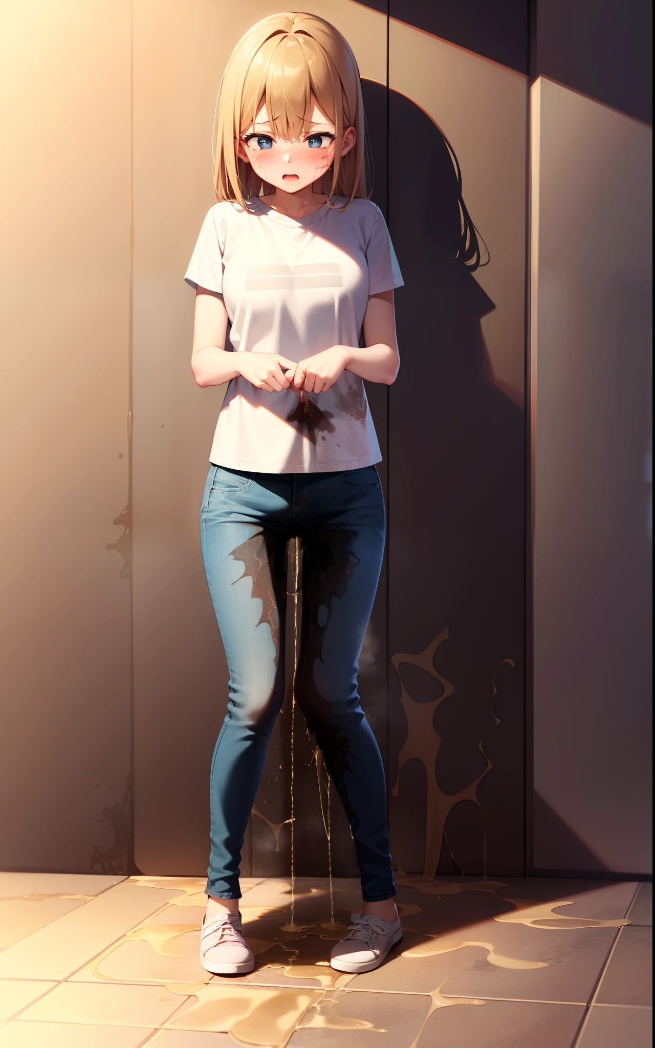 masterpiece, best quality, high resolution, (3girls), 20 years old, (blue jeans pants), full body, blush, worried, park, (((((((pee stain)))))))