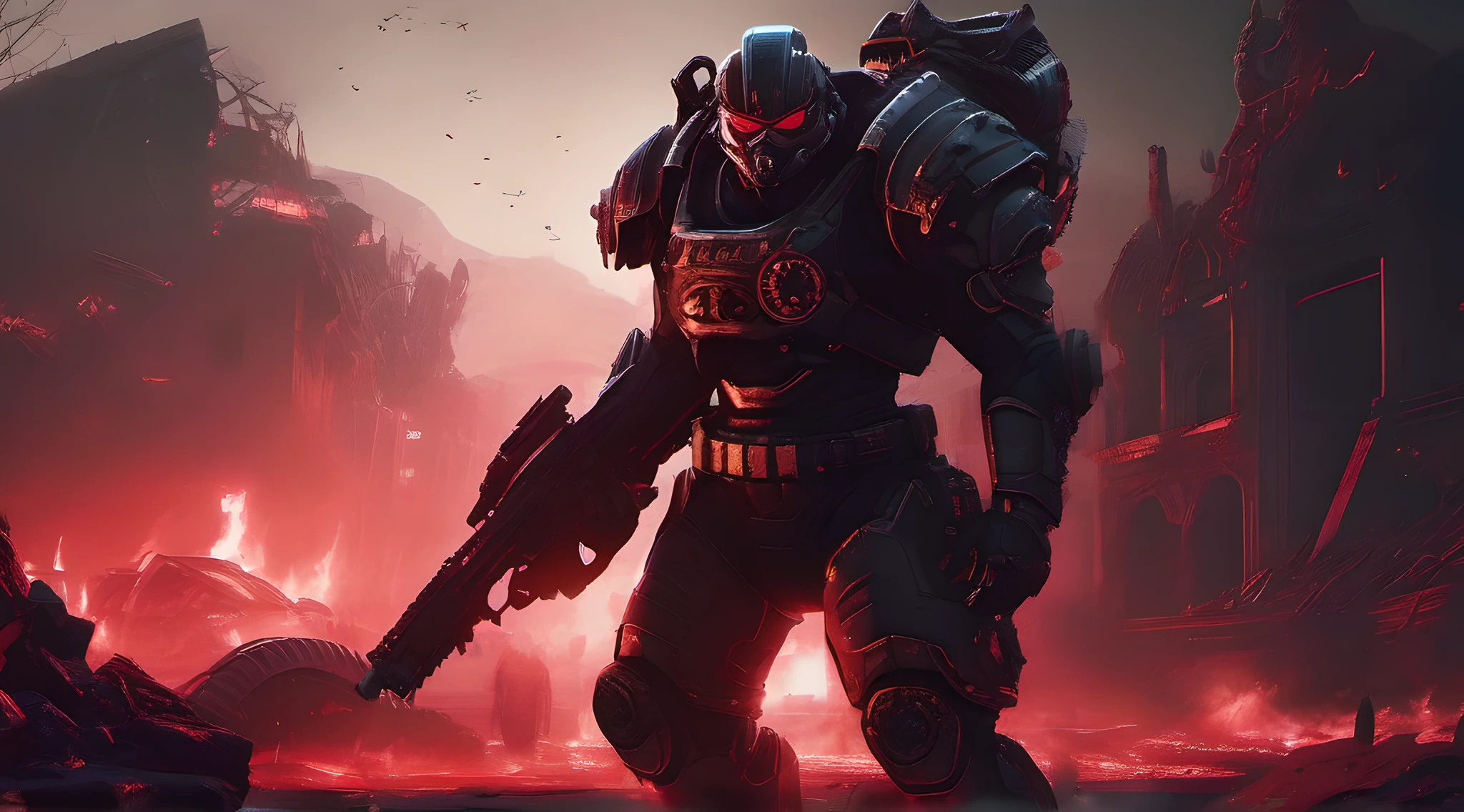 A black cat in a gears of war style power armor on a battlefield at nighttime, everything is tinted in red light, flames in the background, alien planet, destroyed buildings, debris, smoke, skulls and bones on the ground