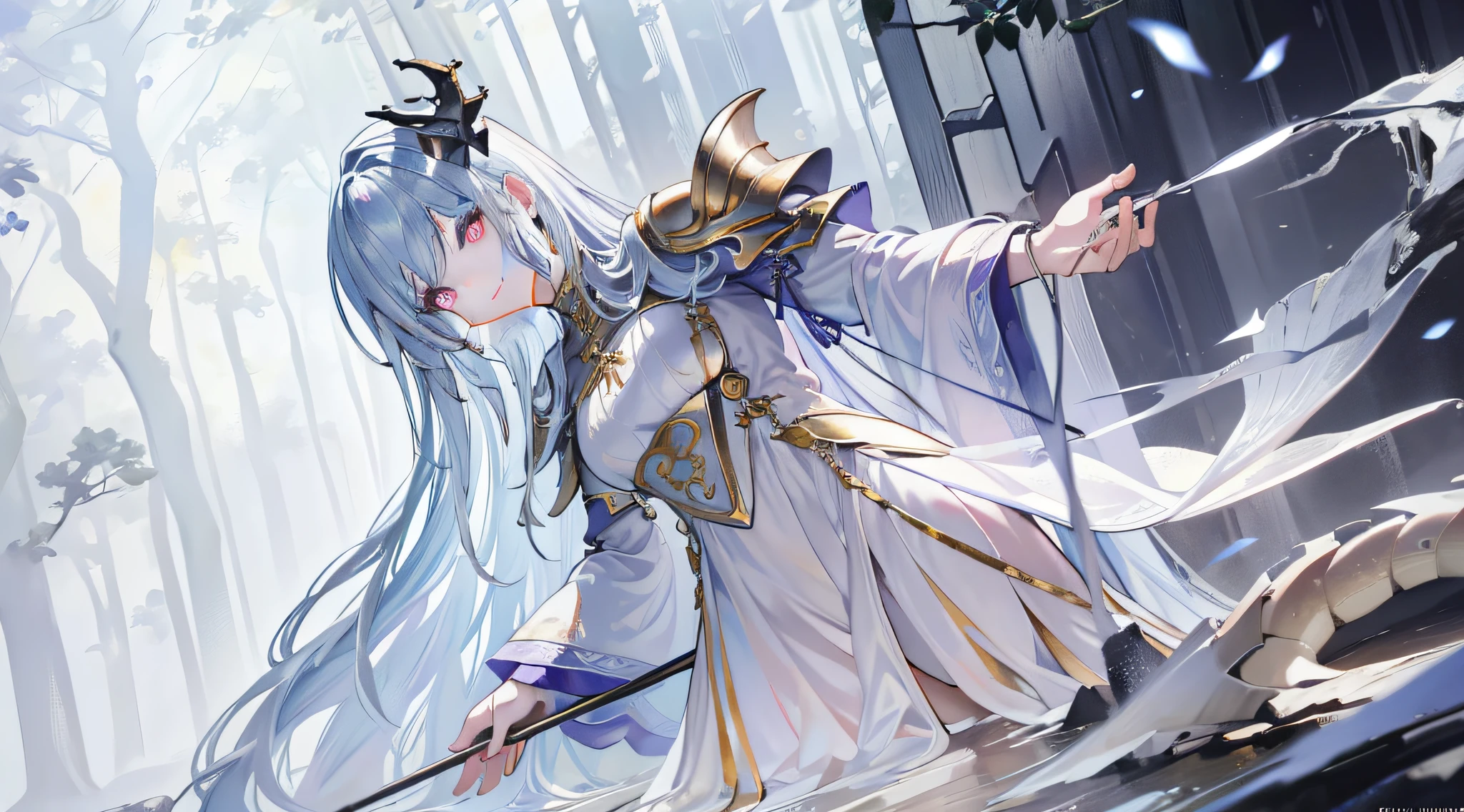 Anime girl with long white hair and crown holding a sword, Keqing from Genshin Impact, white-haired god, trending on artstation pixiv, ((a beautiful fantasy empress)), From Arknights, zerochan art, Anime goddess, author：Shitao, high detailed official artwork, Ayaka Genshin impact, flowing white robe, Detailed key anime art