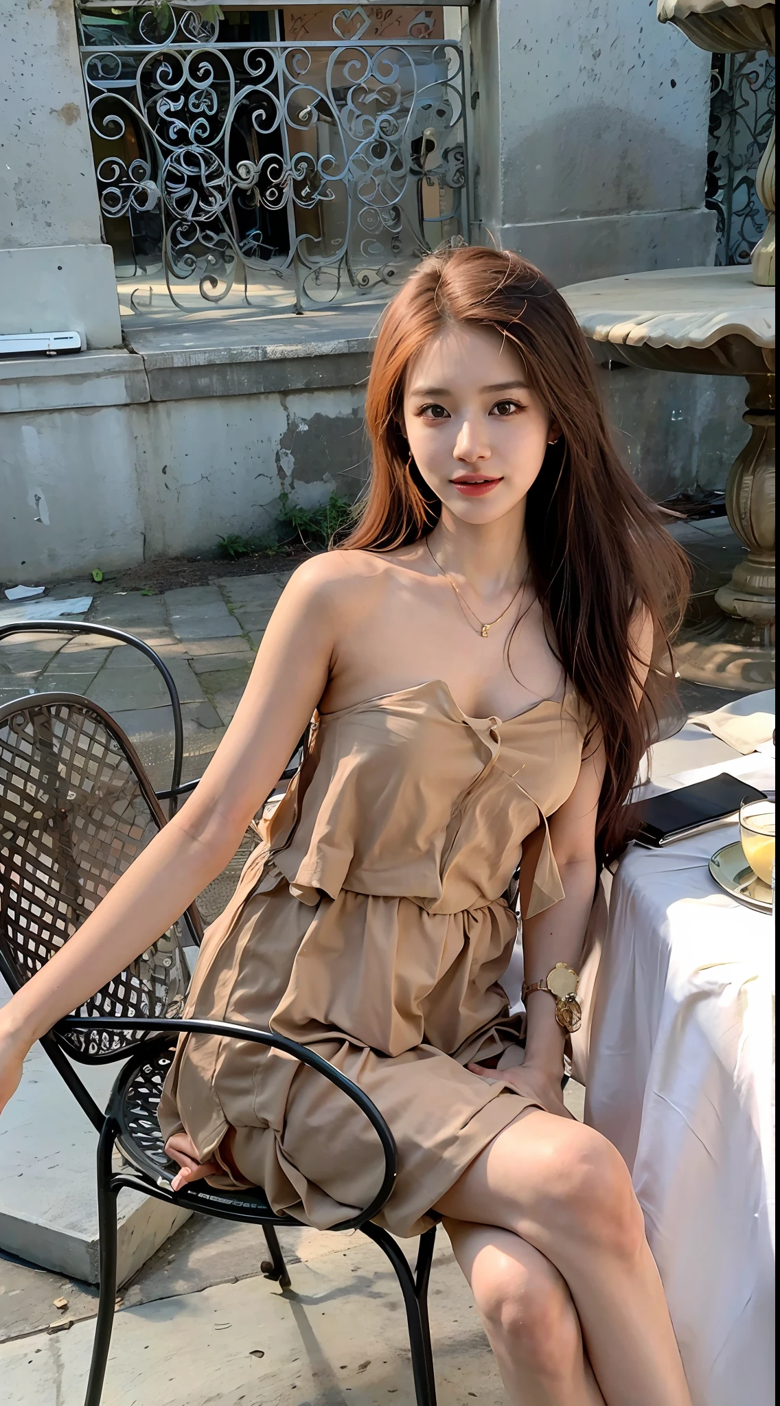 The Alfid woman sat in a chair at the table,With a glass of wine, bae suzy, korean women's fashion model, Choi Hyun-hwa, Gorgeous young Korean woman, beautiful Korean women, Beautiful young Korean woman, ulzzangs, Bandeau dress, roseanne park of blackpink, sakimichan, height of 165cm, Shin Jinying
