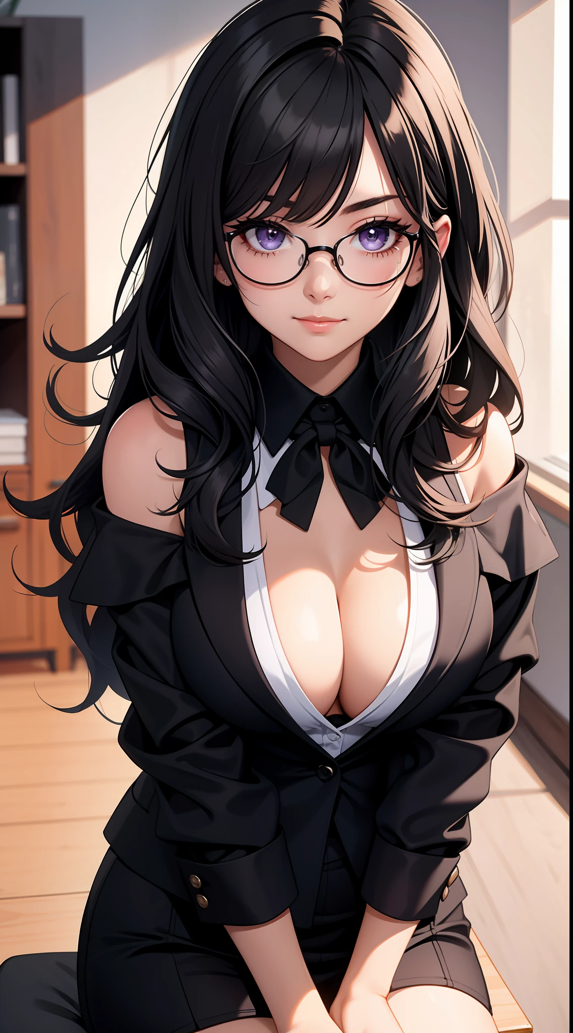 (Best quality:1.1), (Masterpiece:1.2), Highqualityshadow, Beautiful detailed, Beautiful face, Detailed eyes, Off-the-shoulder attire,Depth of field, A high resolution, Best shadow, Best illumination, 1girll, view the viewer, Black hair, Blunt bangs, Long hair, Purple eyes, Shy, Large breasts, Miniskirt, blouse, Blazer, Pump, Office Lady, Glasses,cleavage,looks into camera,ssmile,closeup cleavage