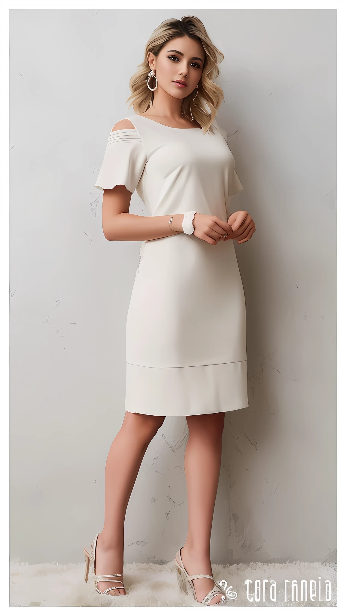 a woman in a white dress standing against a wall, vestido creme simples, organic dress, vestido de osso, vestido elegante, vestido simples, Mercury dress, vestido sofisticado, vestido idiano, bege arenoso, female in office dress, vestido de seda suave, deslumbrante vestido de marfim, usando vestido cor marfim, vestido leve, bege, mangas destacadas, Minimal female bodycon costume