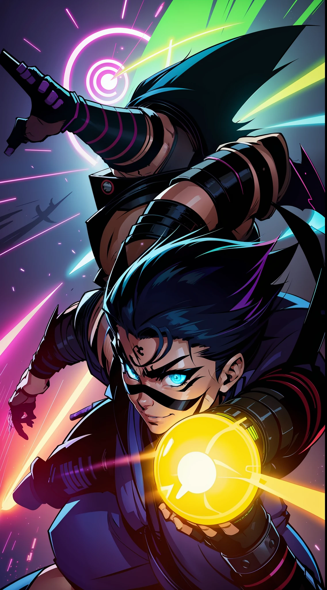Ninja、Electromechanical、silhuette、cyberpunked、A logo、mechanic、heroic、traffic jam、knifes、Vivid Color、Back alley、Luminous Eyes、Flying shurikens、Acrobatic poses、One Ninja、Aura of green flame、A Japanese style、TOKYOcty、Neon Street、masks、Luminous Eyes、Activate the jutsu、The afterimage of movement is expressed in neon colors.、Crazy smiling ninja、