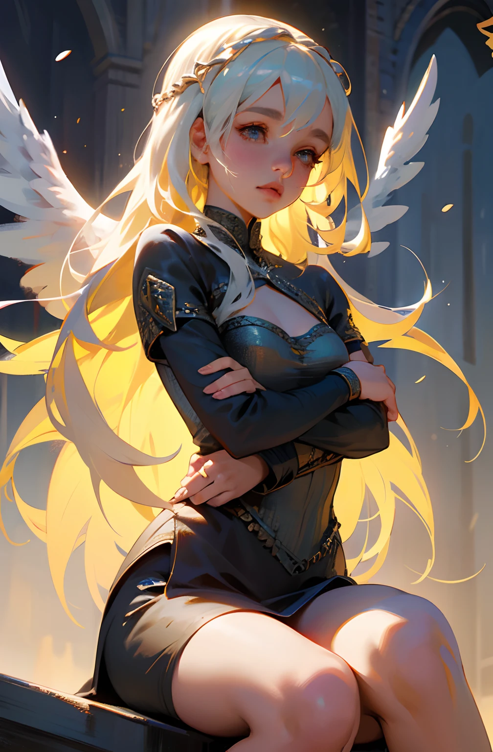 Game of Thrones heroine，Daenerys Targaryen，（tmasterpiece：1.4），（best qualtiy：1.4），（tchibi：1.3），（Very cute angel girl，Super detailed face，gem-like eyes，Extra-long white hair，Hair with colorful gradients：1.4），（angel ring：1.4）， （angel wing： 1.4）， （full bodyesbian， Perfect 2 arms， Perfect 2 legs： 1.4）， Perfect 4 fingers： 1 thumb， Light light， The sheen， Bokeh， super-fine