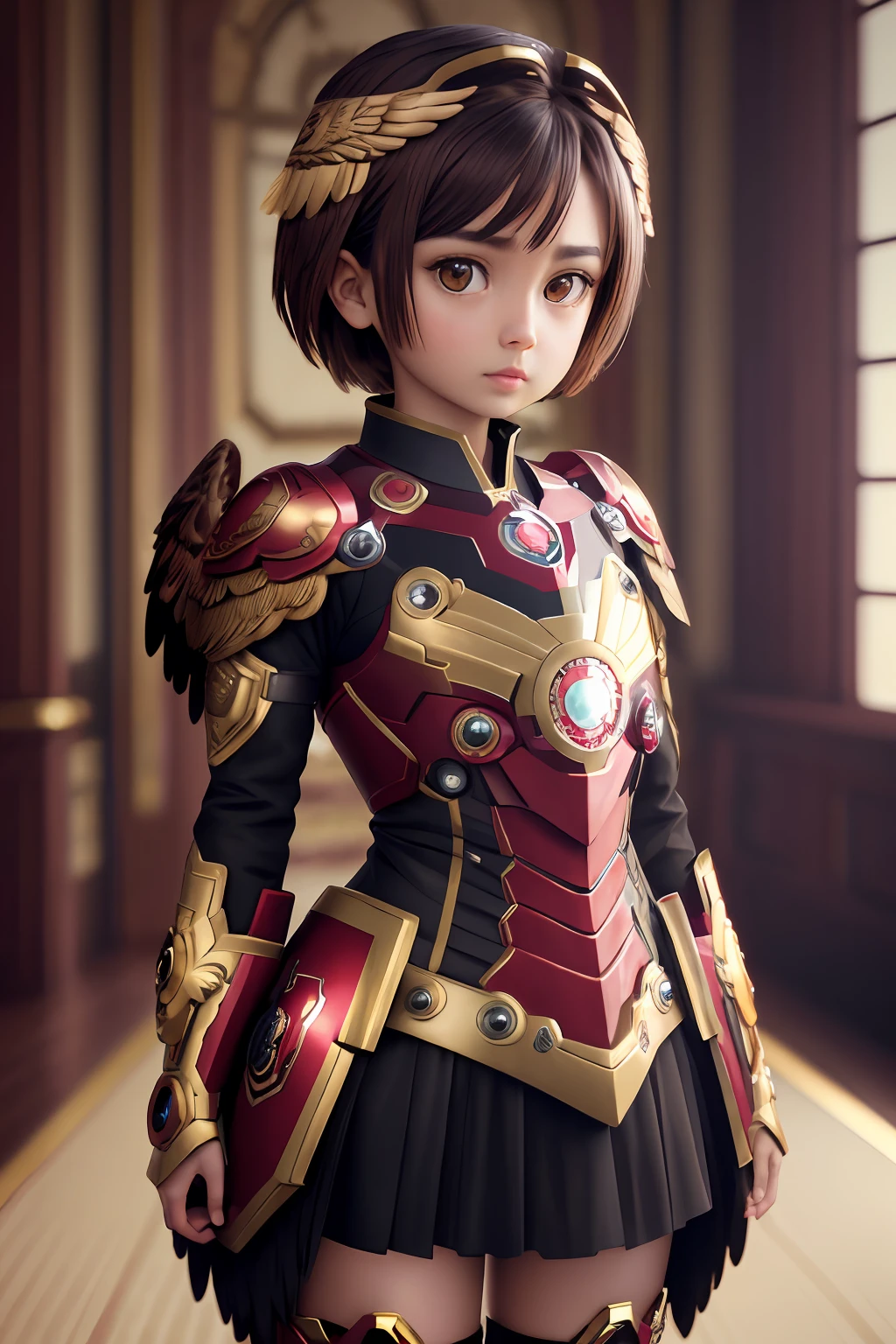 3dcreature cute eagle wearing Ironman armour or with detailed floral ornament, beak, 1boy, big eyes, chibi, Photorealistic, Hyperrealistic, Hyperdetailed, analog style, hip cocked, demure, low cut, black lace, detailed skin, matte skin, soft lighting, subsurface scattering, realistic, heavy shadow, masterpiece, best quality, ultra realistic, 8k, golden ratio, Intricate, High Detail, film photography, soft focus