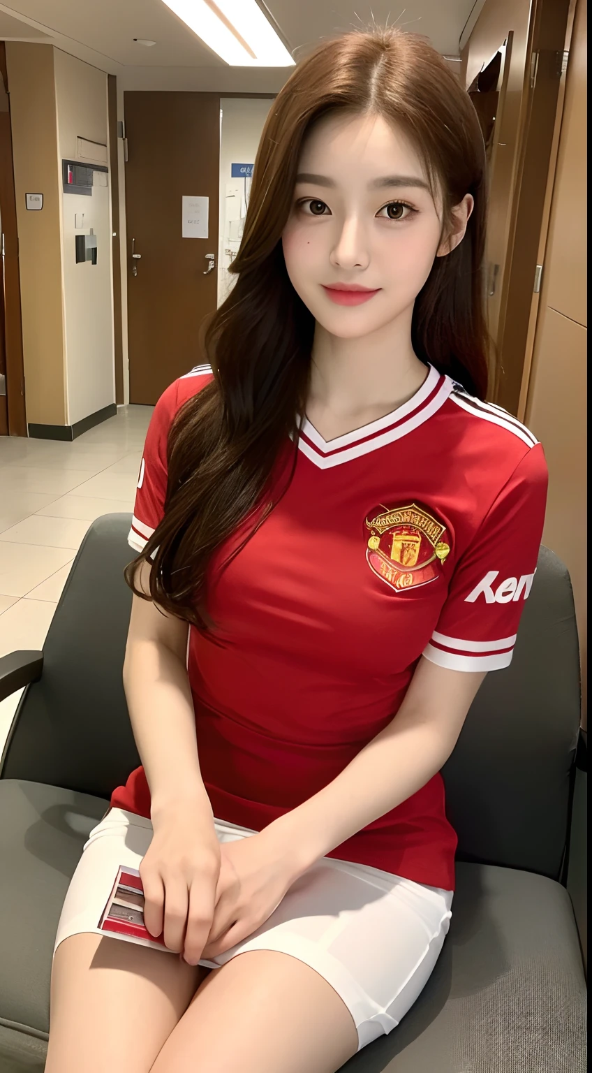 ((Best Quality, 8K, Masterpiece: 1.3)) 1girl, Slim Abs Beauty: 1.3, (Hairstyle Casual,Super Big Breasts: 2.5), Dress: 2.5, Super Fine Face, Delicate Eyes, Double Eyelids,Beautiful Smile,Korean Girl,Age 17,Ponytail Brown Hair,Nurse Long Red  Manchester United Shirt And White Mini Skirt Outfit,Hospital,In the Hall Hospital,Sitting On Chair,Reading Book,