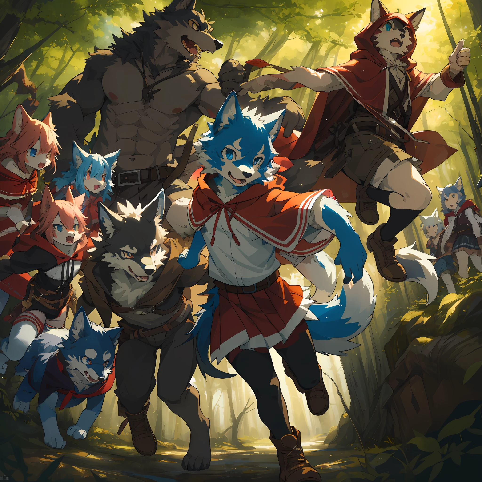 top quality, best quality, High-quality illustrations, masterpiece, super high resolution, detailed background, Little Red Riding Hood, forest, A wolf chases a girl, 6+boys, 6+girls, absurdres(highly detailed beautiful face and eyes)perfect anatomy, expression, good lighting, cinematic shadow(kemono, furry anthro)assorted poses, dynamic angle,
