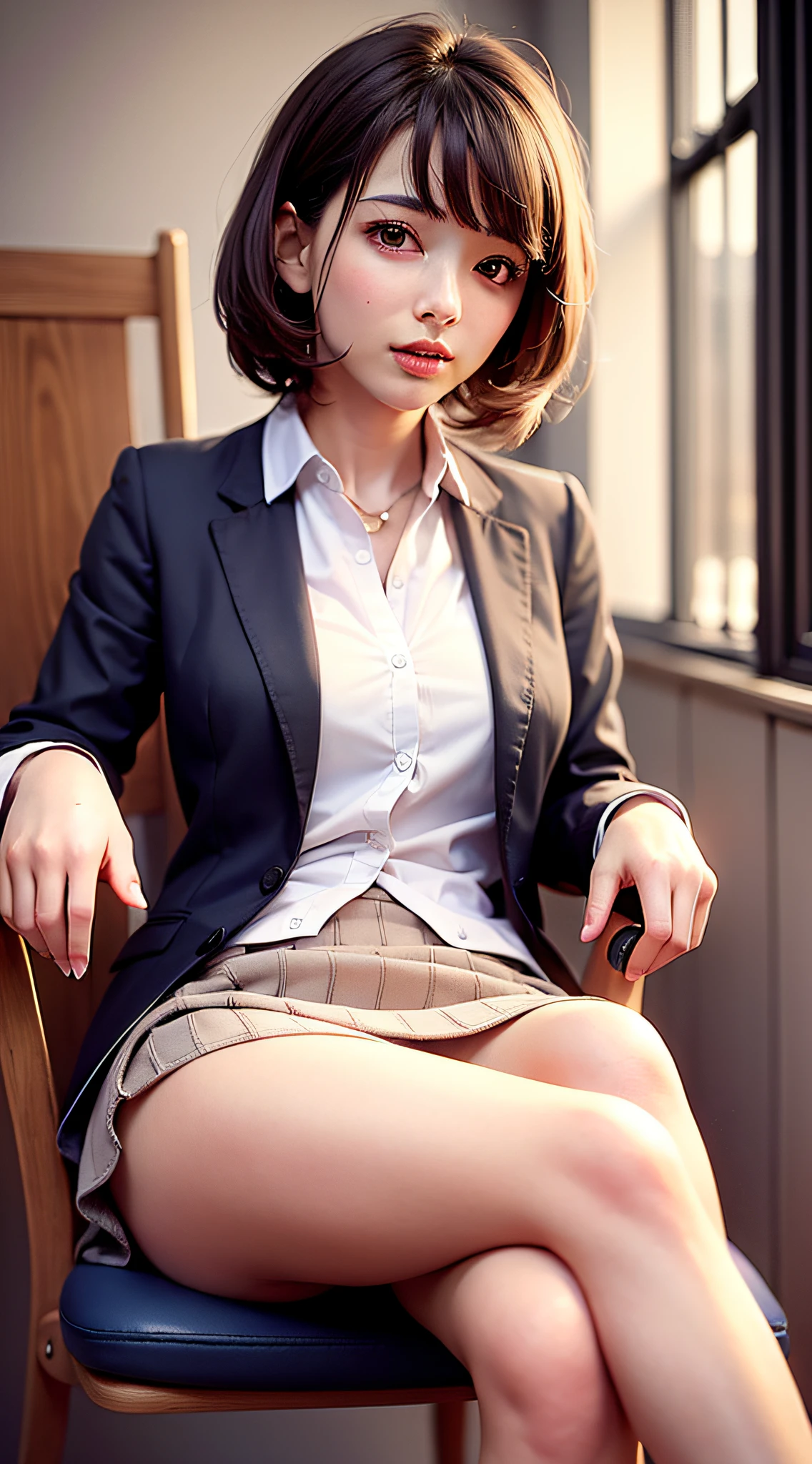 Top Quality, Photorealistic, 8K, High Definition, 1 Girl, Female, (1.8), School, Schoolgirl, Blazer, Uniform, Pubic hair visible, No panties, Skirt boldly pulled up, ((Sit in chair and legs wide open)), Bend your knees and open your legs, Slightly shorter hairstyle, Grab your knees with your hands to open your legs, Buttoned shirt flutters