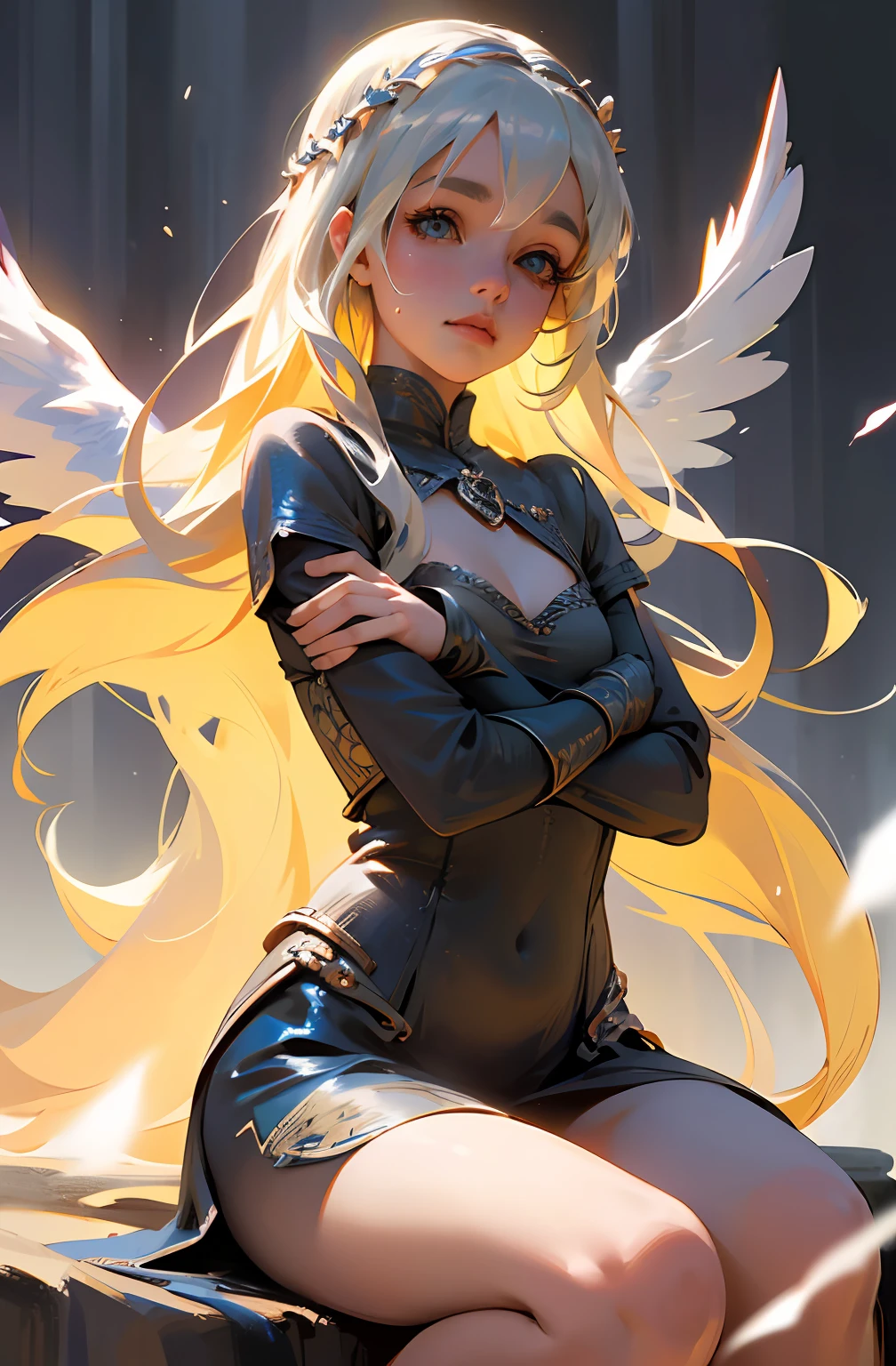 Game of Thrones heroine,Daenerys Targaryen,(tmasterpiece:1.4),(best qualtiy:1.4),(tchibi:1.3),(Very cute angel girl,Super detailed face,gem-like eyes,Extra-long white hair,Hair with colorful gradients:1.4),(angel ring:1.4), (angel wing: 1.4), (full bodyesbian, Perfect 2 arms, Perfect 2 legs: 1.4), Perfect 4 fingers: 1 thumb, Light light, The sheen, Bokeh, super-fine