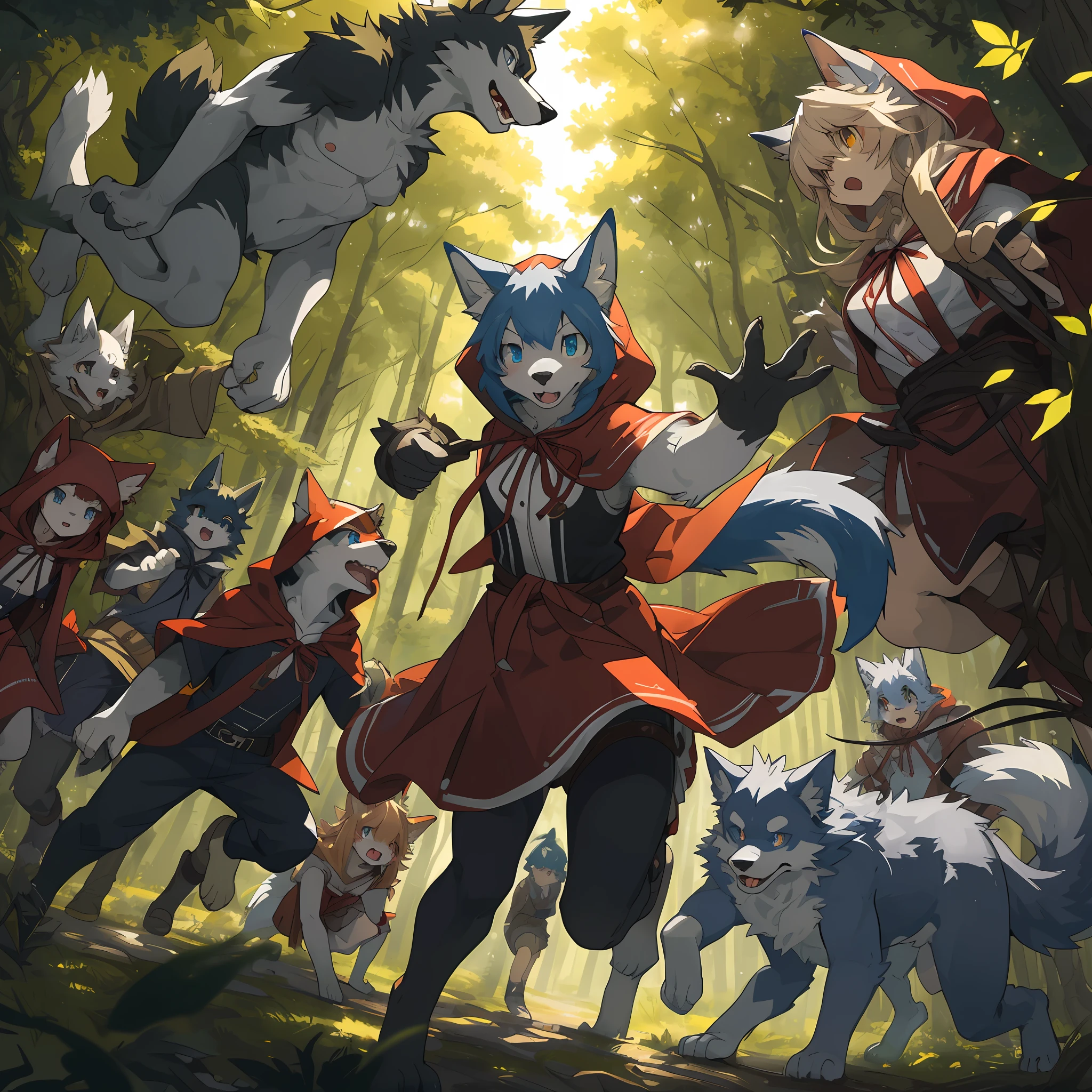 top quality, best quality, High-quality illustrations, masterpiece, super high resolution, detailed background, Little Red Riding Hood, forest, A wolf chases a girl, 6+boys, 6+girls, absurdres(highly detailed beautiful face and eyes)perfect anatomy, expression, good lighting, cinematic shadow(kemono, furry anthro)assorted poses, dynamic angle,