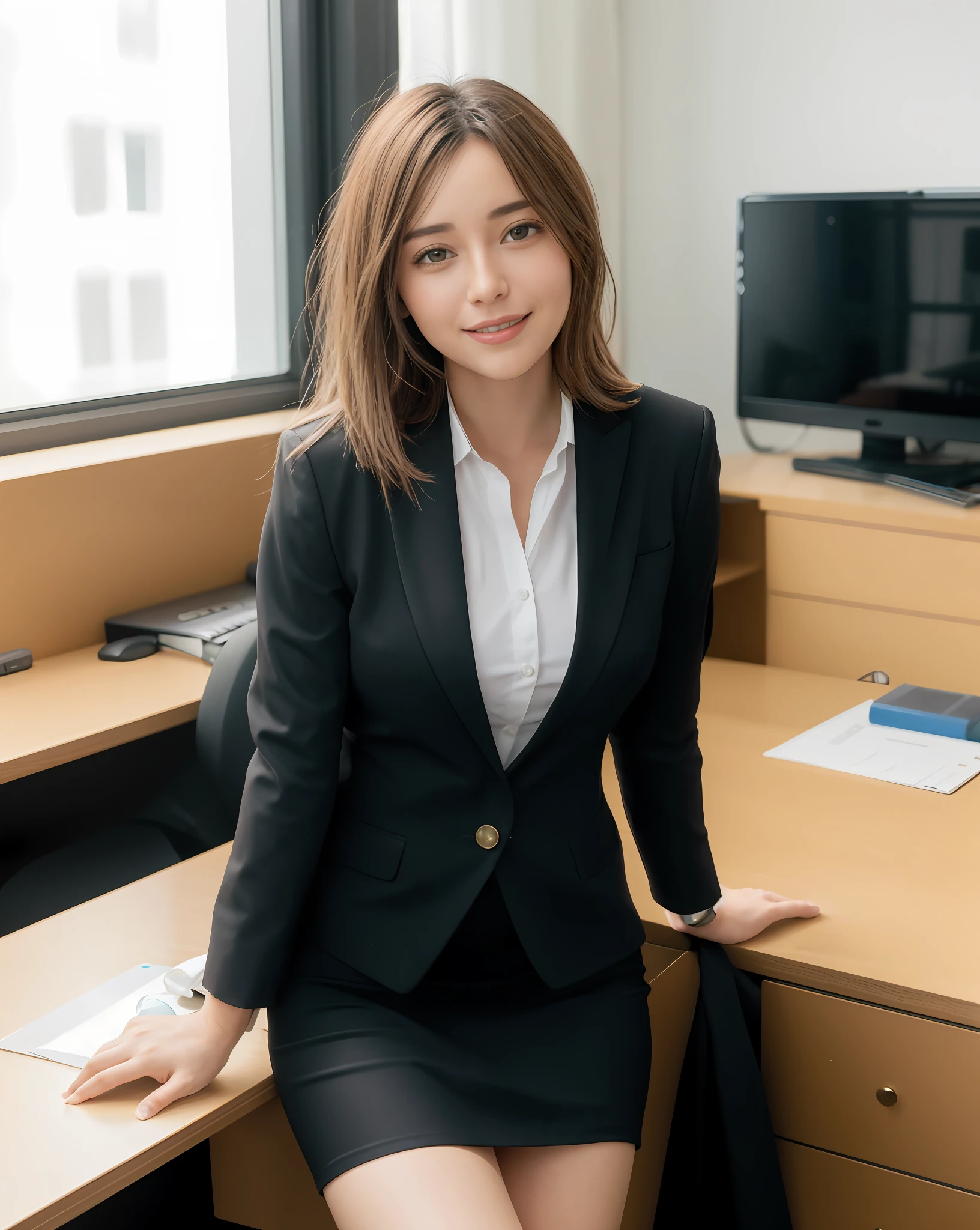 close up of 1 female, 35mm masterpiece, black suit, smile, mini skirt, on the desk in office