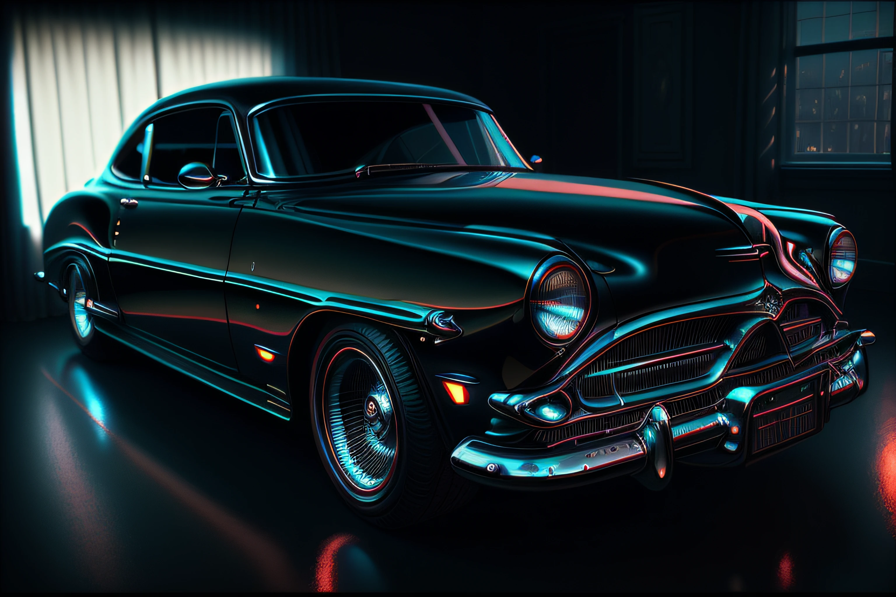 arafed view of a classic car in a dark room, rendered in povray, rendered in cinema4d, rendered in cinema 4 d, blueshift render, semi - realistic render, houdini 3 d render, houdini rendering, rendered illustration, rendered in maya 4 d, cg render, octane renderer”, rendered in v-ray