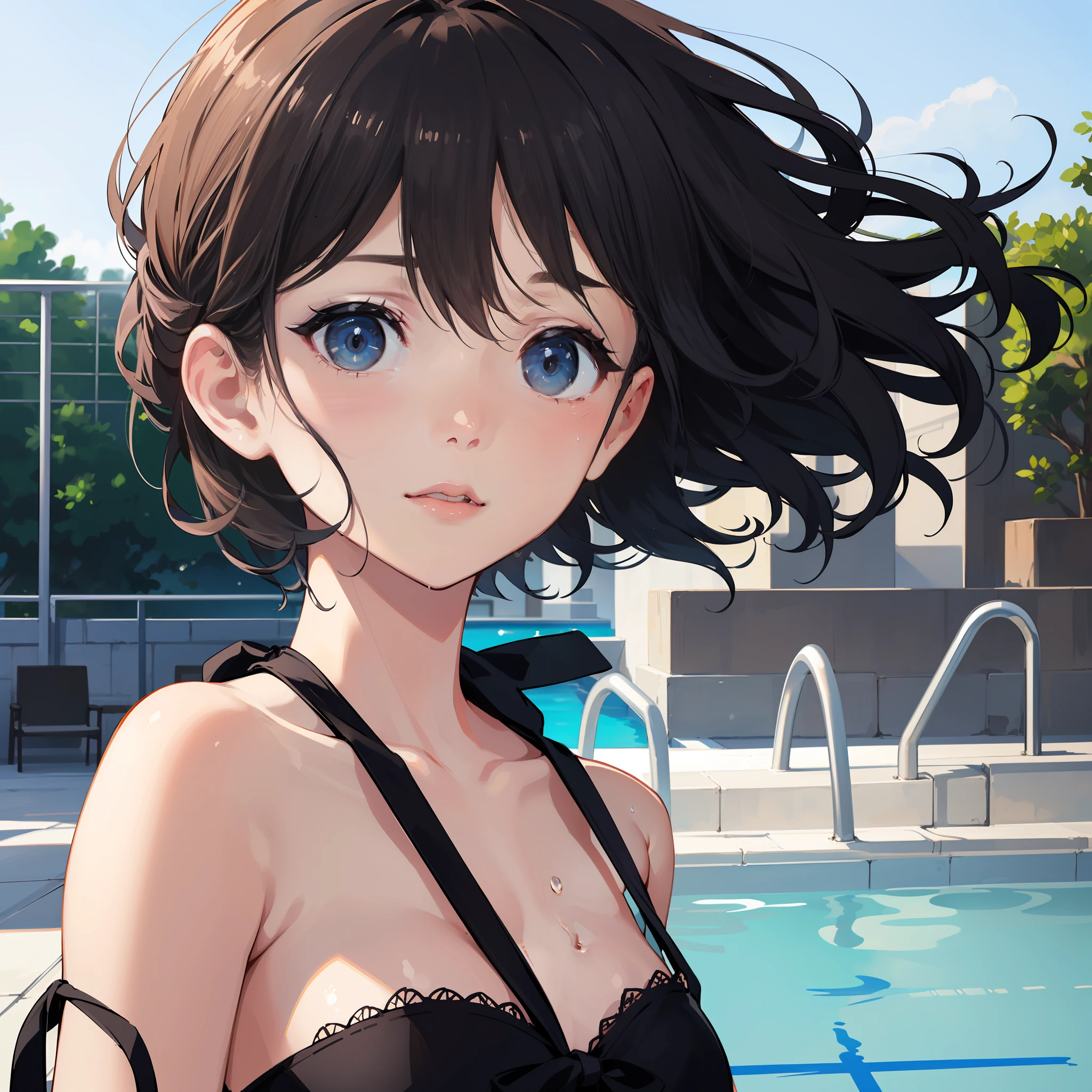 Wearing sweat,Mid summer,The bikini,Night Pool:1.5,jumping into the pool,Blowing in the wind,Wet hair,2 girls in , (Raw photo: 1.2), (Realism: 1.4), (masutepiece: 1.3), (exquisite detailing: 1.2), kiss,Delicate and beautiful details, (Eye Detail), (Facial Detailed), (Highest Quality) :1.4), (Hyper-Resolution: 1.2), cinematric light, (very detailed illustration), Best Quality,depth of fields, Wide light, natural shadows
