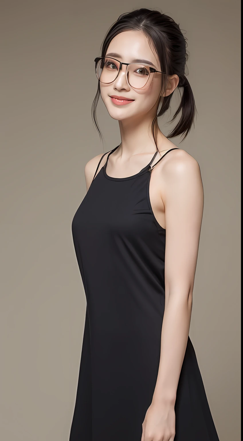((Best Picture Quality, 8k, tmasterpiece:1.3)), 1girl, Beautiful woman with slender abs:1.3, (Casual hairstyle, Exposed Big:1.2), shift dresses:1.1, Ultra-fine face, A detailed eye, 二重まぶた，ssmile，Fighting style，With black glasses，