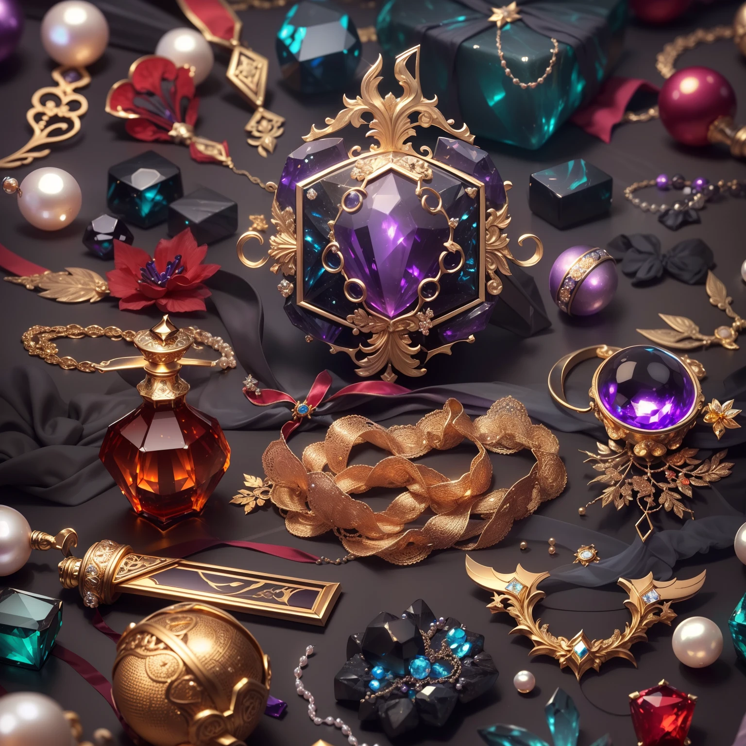 (Chinese style:1.2)，(Full Focus:2),(Everything is laid out in a display case:1.3)，(Luxurious silk|medal|ore|Luxury weapons|obsidian|pearls|hisui|white jade|amethyst|sapphires|Gold products|Silver products|Purple gold|Magical jewelry|antiquarian|Red Jewel|Diamond|topaz|:2)，Magic symbols，Magic light particle effect，High-tech luxury， High-value jewelry,，High-value metals，luxury goods，Puzzles are prohibited, Detailed and complex background, glittery, reflective light, hyper HD, Award-Awarded, A high resolution, High detail, Chiaroscuro, Cinematic lighting, Masterpiece, Ray traching，structurally correct, Super detail, High quality, High details, Best quality, 16k