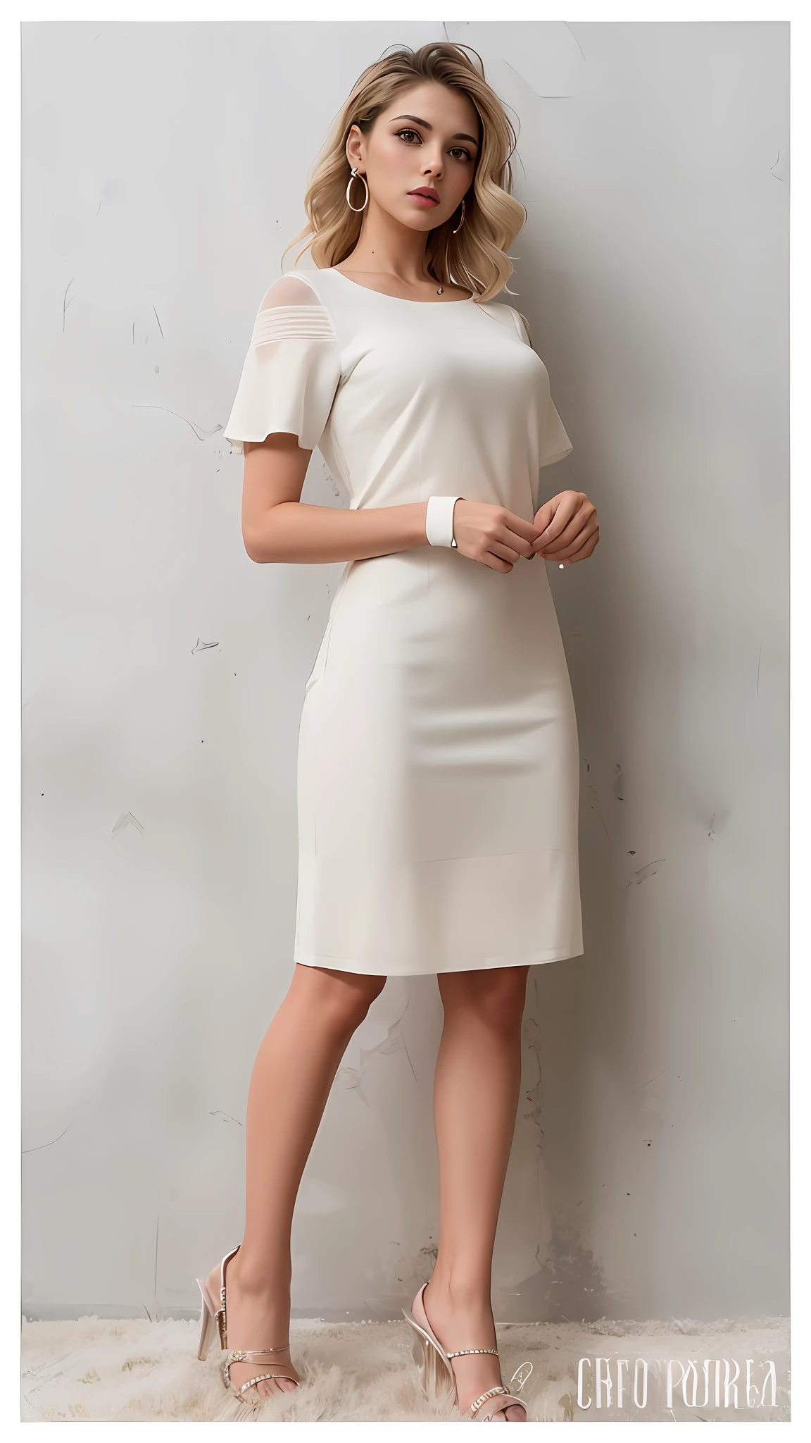 a woman in a white dress standing against a wall, vestido creme simples, usando vestido cor marfim, vestido de osso, wearing business casual dress, vestido de seda suave, deslumbrante vestido de marfim, usando deslumbrante vestido de marfim, vestido sofisticado, Mercury dress, usando um vestido elegante, mangas destacadas, vestido simples, vestido branco elegante, imagem oficial do produto, Minimal female bodycon costume, office clothes