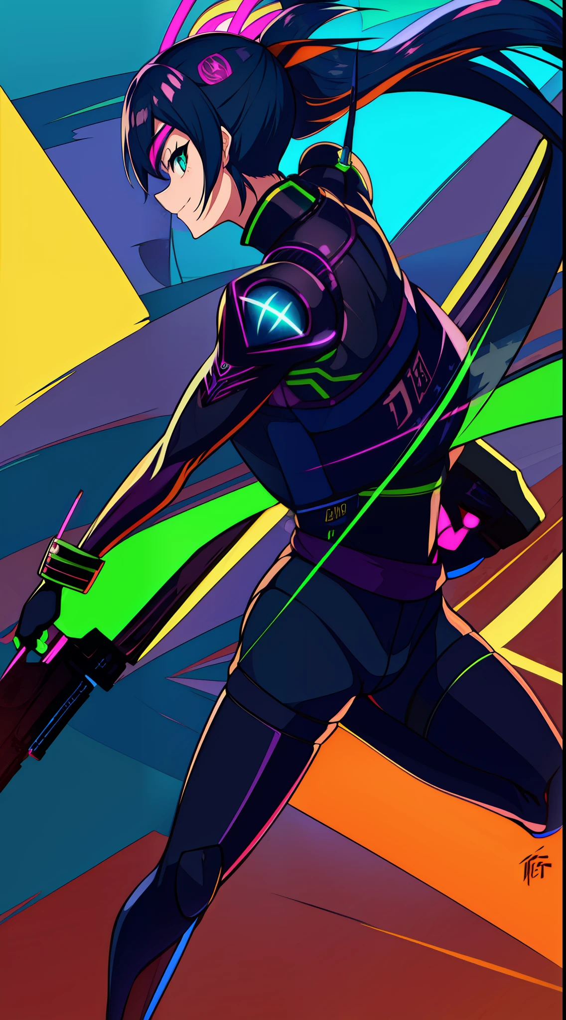 Ninja、Electromechanical、silhuette、cyberpunked、A logo、mechanic、heroic、traffic jam、knifes、Vivid Color、Back alley、Luminous Eyes、Flying shurikens、Acrobatic poses、One Ninja、Aura of green flame、A Japanese style、TOKYOcty、Neon Street、masks、Luminous Eyes、Activate the jutsu、The afterimage of movement is expressed in neon colors.、Crazy smiling ninja、